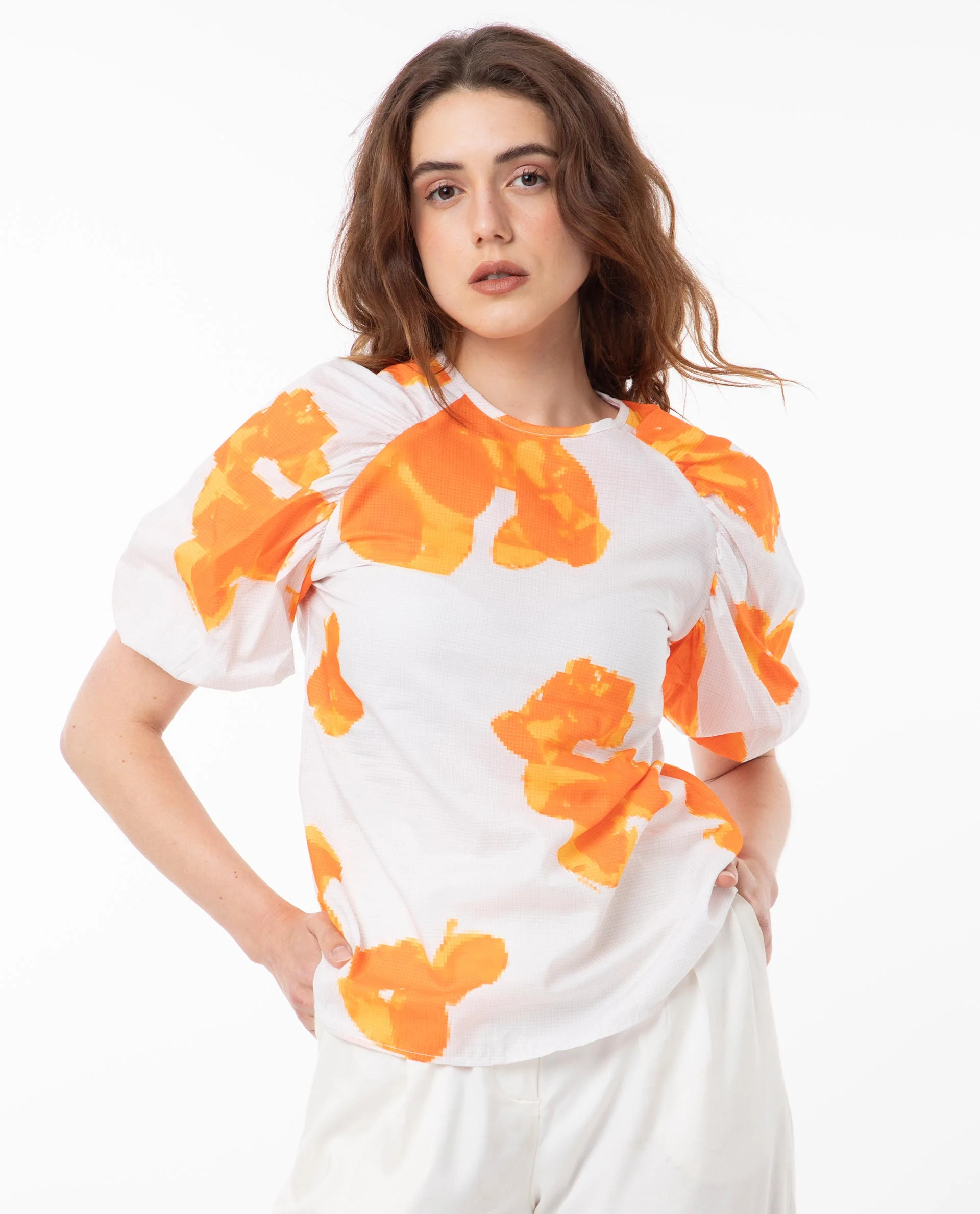Rareism Women's Sporn Orange Cotton Crew Neck Floral Print Puff Sleeves Regular Fit Top - Image 5