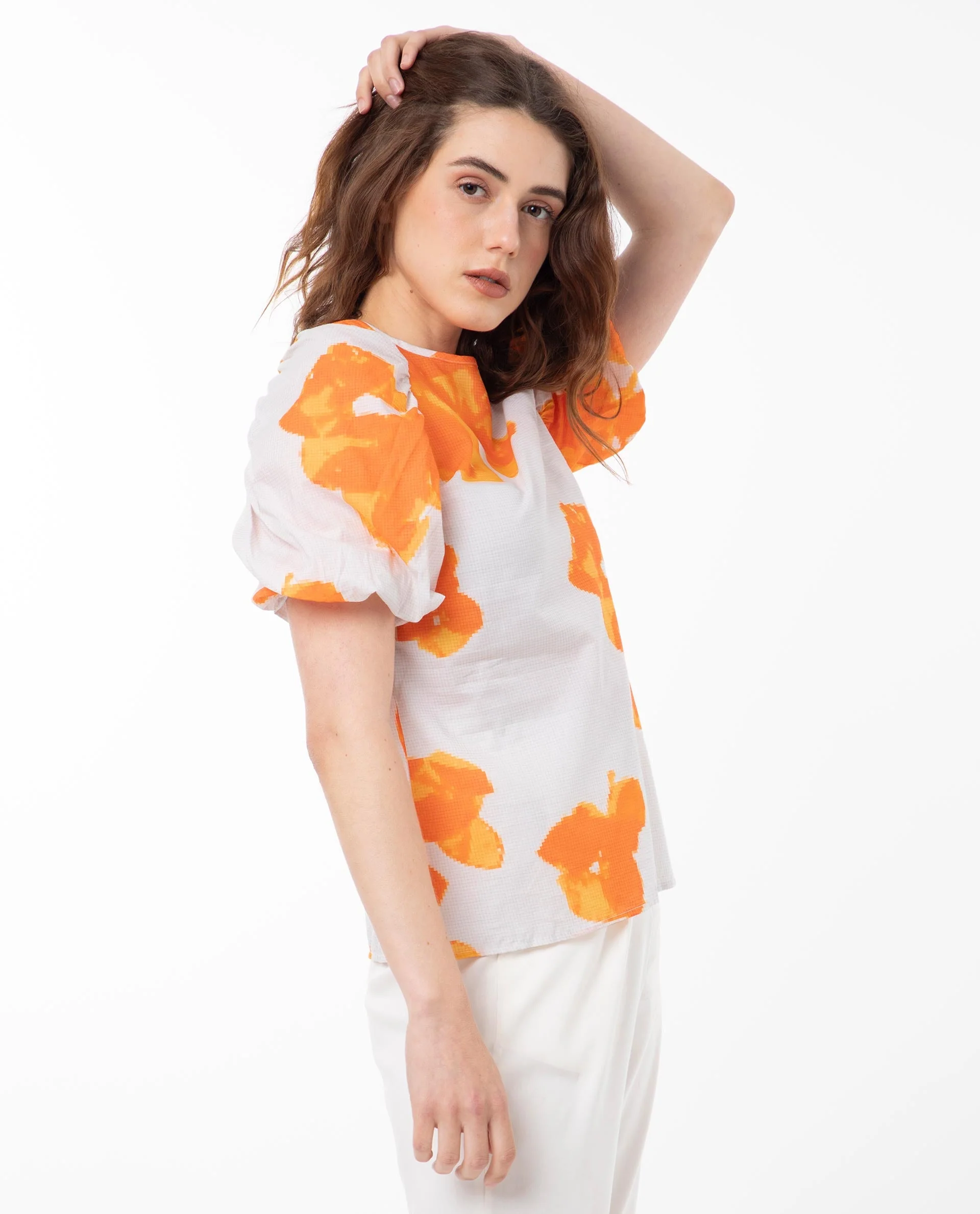 Rareism Women's Sporn Orange Cotton Crew Neck Floral Print Puff Sleeves Regular Fit Top - Image 6