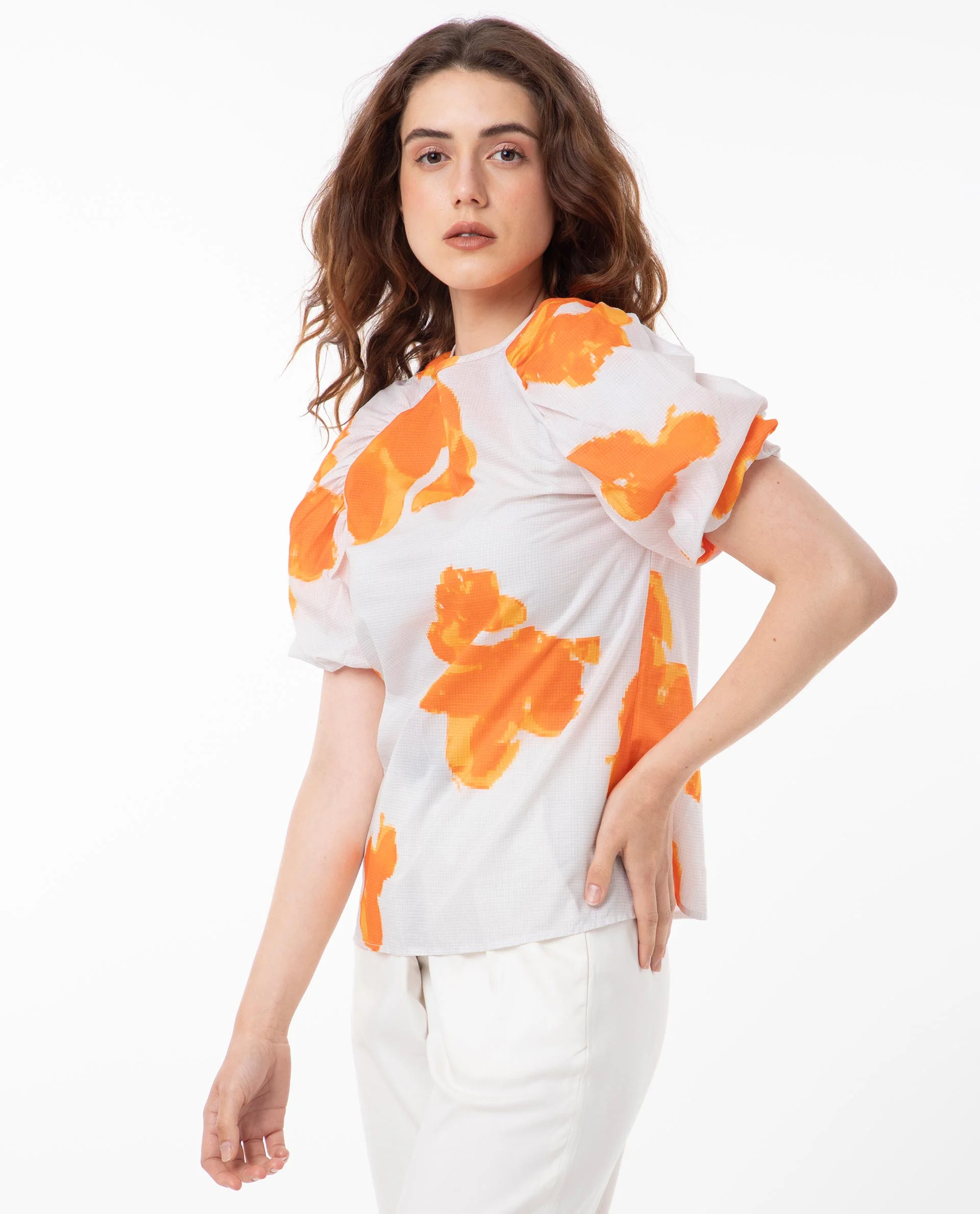 Rareism Women's Sporn Orange Cotton Crew Neck Floral Print Puff Sleeves Regular Fit Top - Image 7