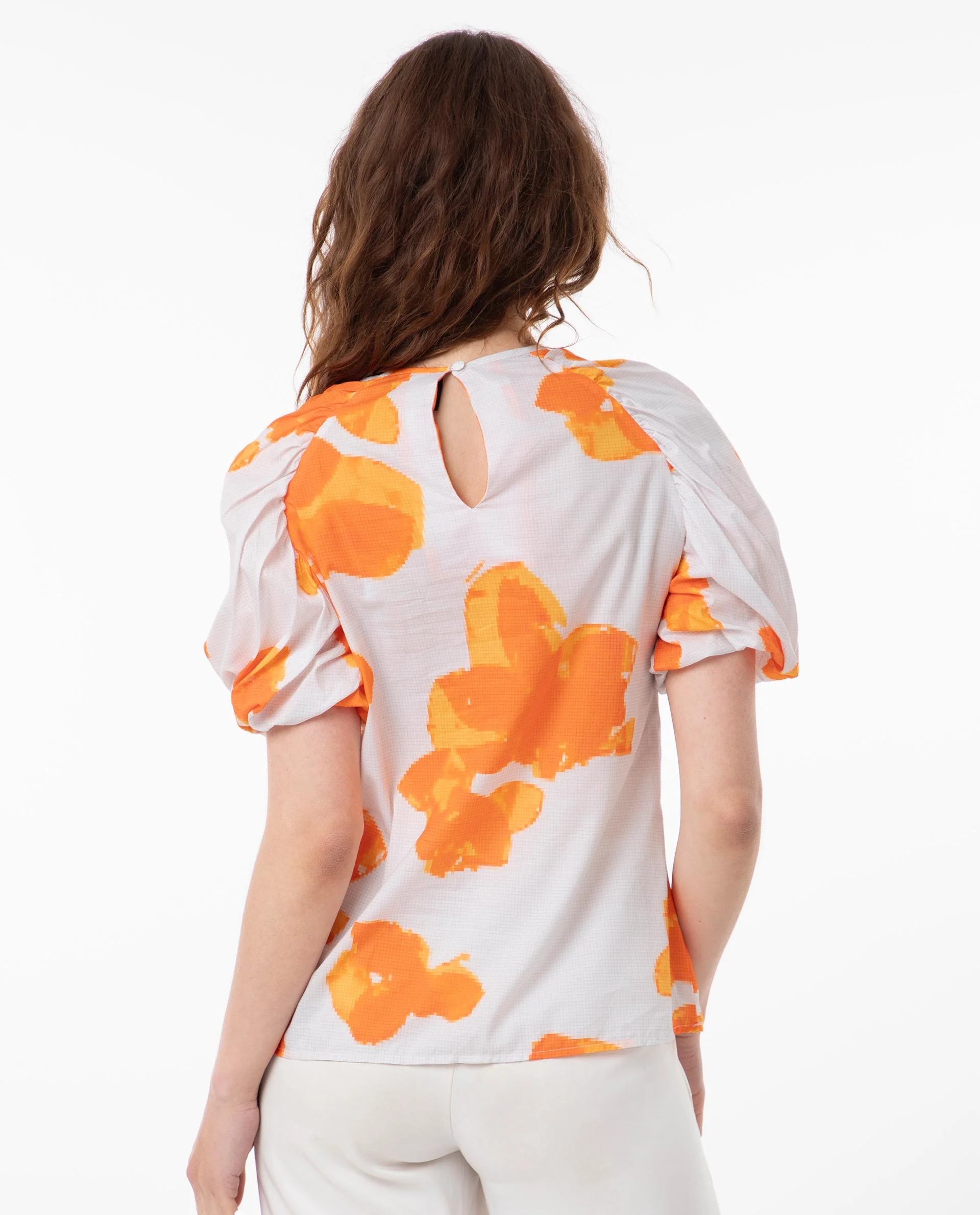 Rareism Women's Sporn Orange Cotton Crew Neck Floral Print Puff Sleeves Regular Fit Top - Image 8