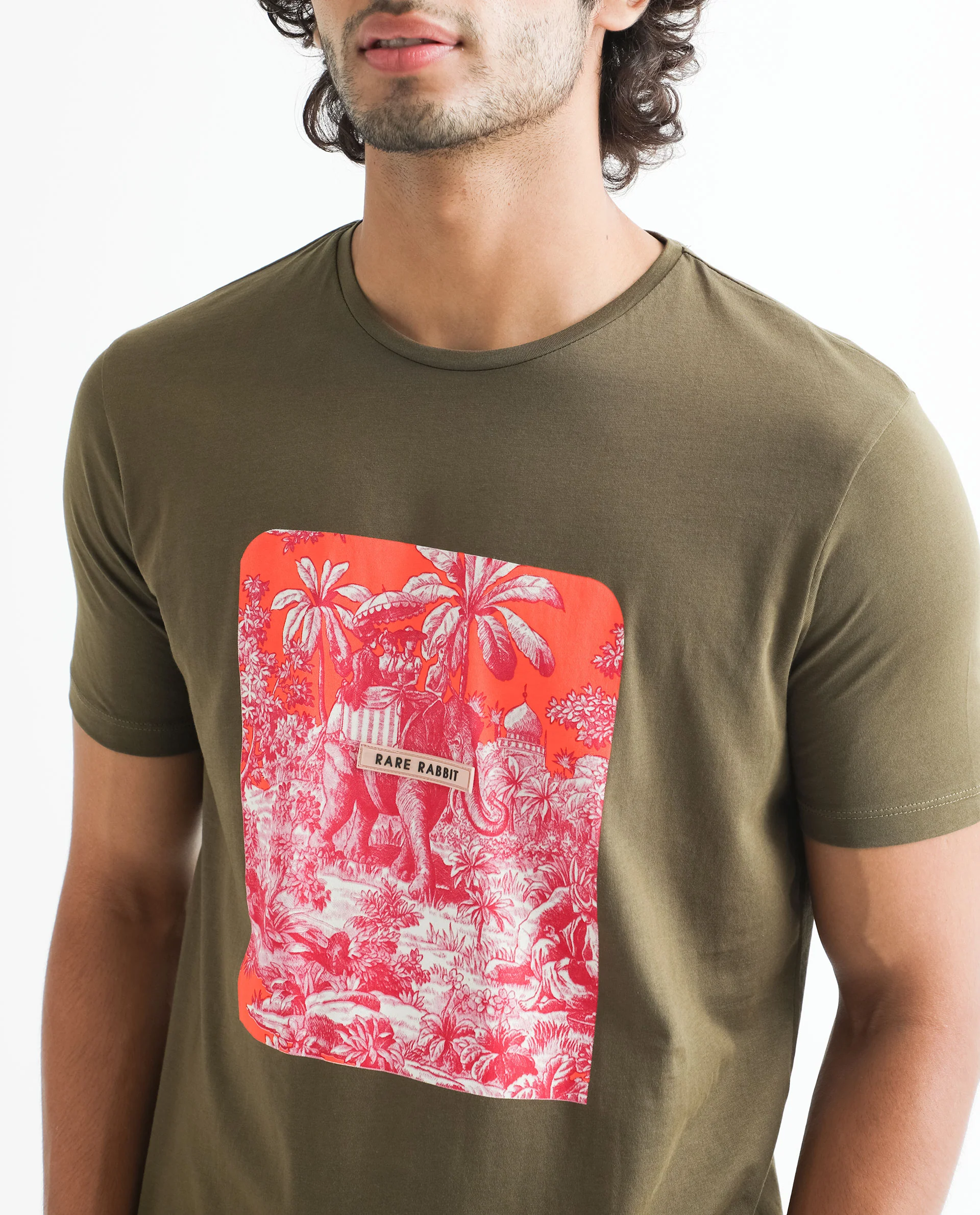 Rare Rabbit Men's Spread Green Cotton Graphic Print Slim Fit Half Sleeve Crew Neck T-Shirt - Image 2