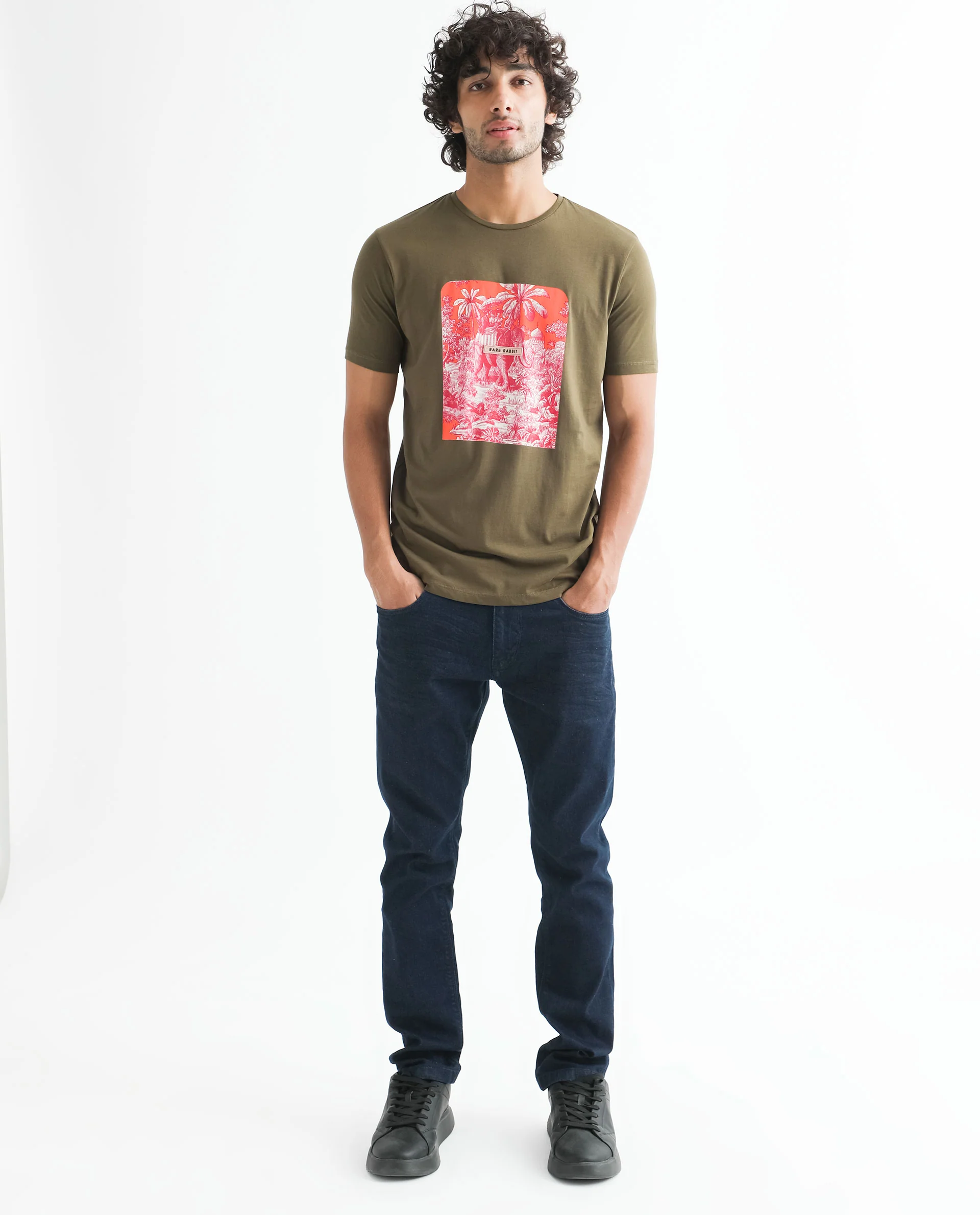 Rare Rabbit Men's Spread Green Cotton Graphic Print Slim Fit Half Sleeve Crew Neck T-Shirt - Image 3