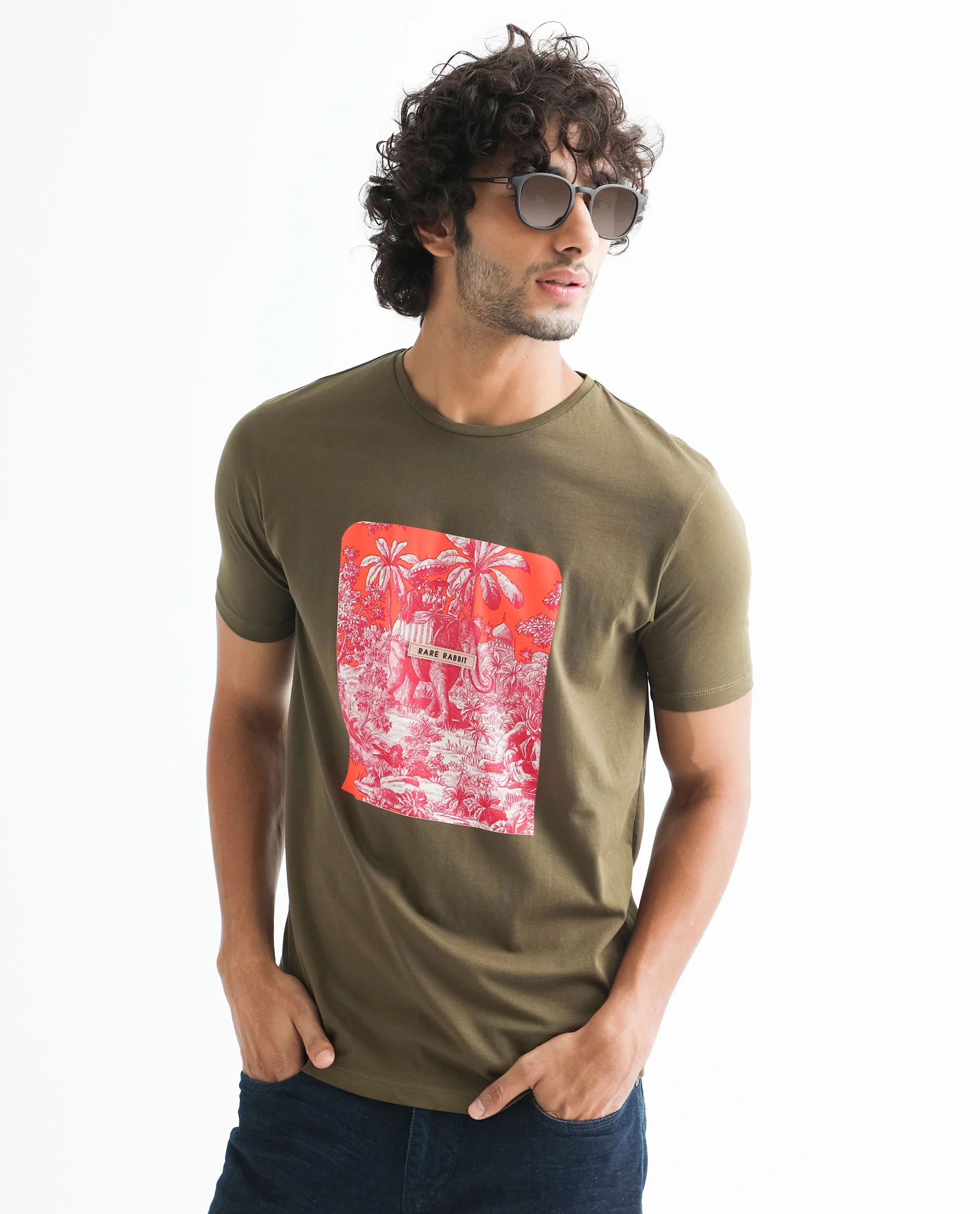 Rare Rabbit Men's Spread Green Cotton Graphic Print Slim Fit Half Sleeve Crew Neck T-Shirt - Image 4