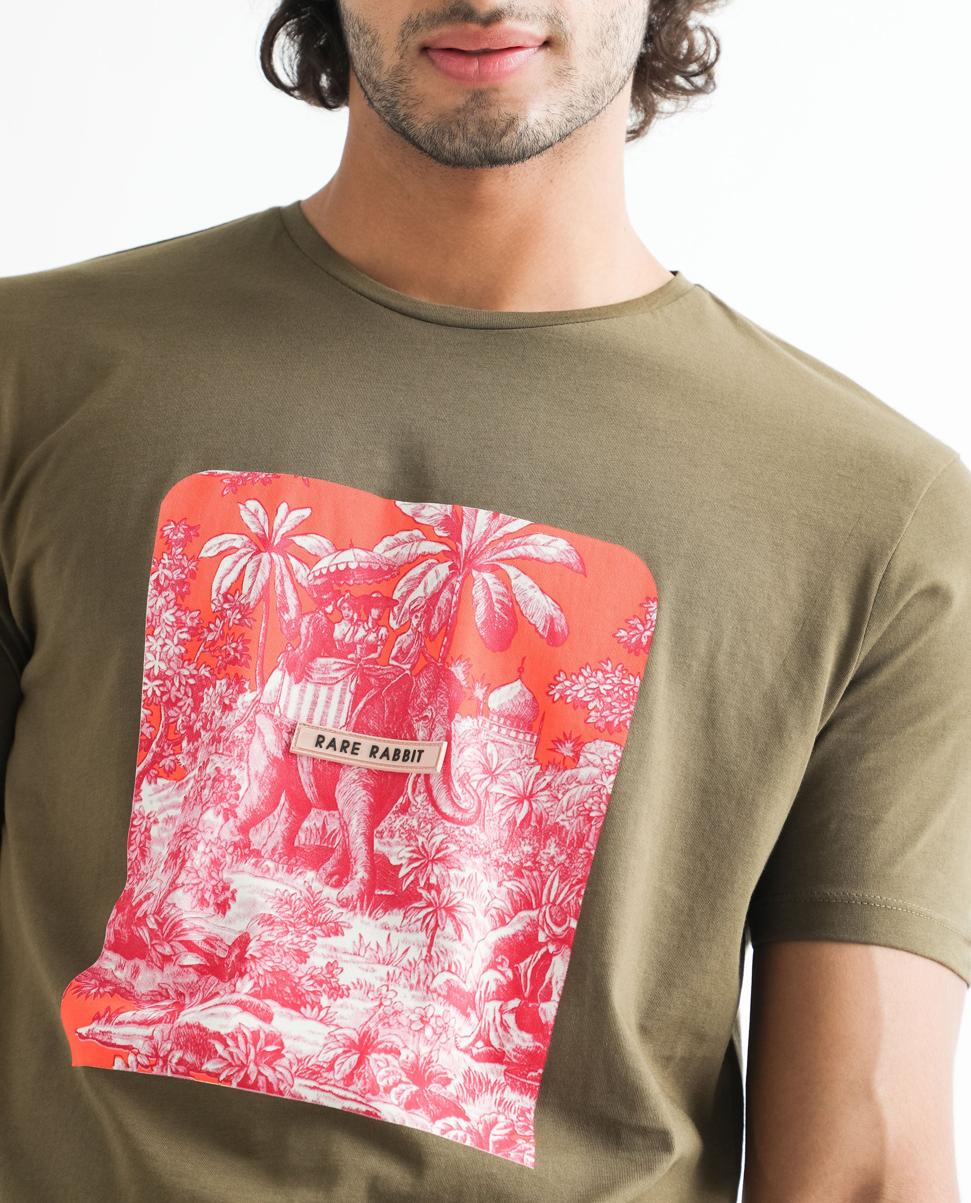 Rare Rabbit Men's Spread Green Cotton Graphic Print Slim Fit Half Sleeve Crew Neck T-Shirt - Image 5