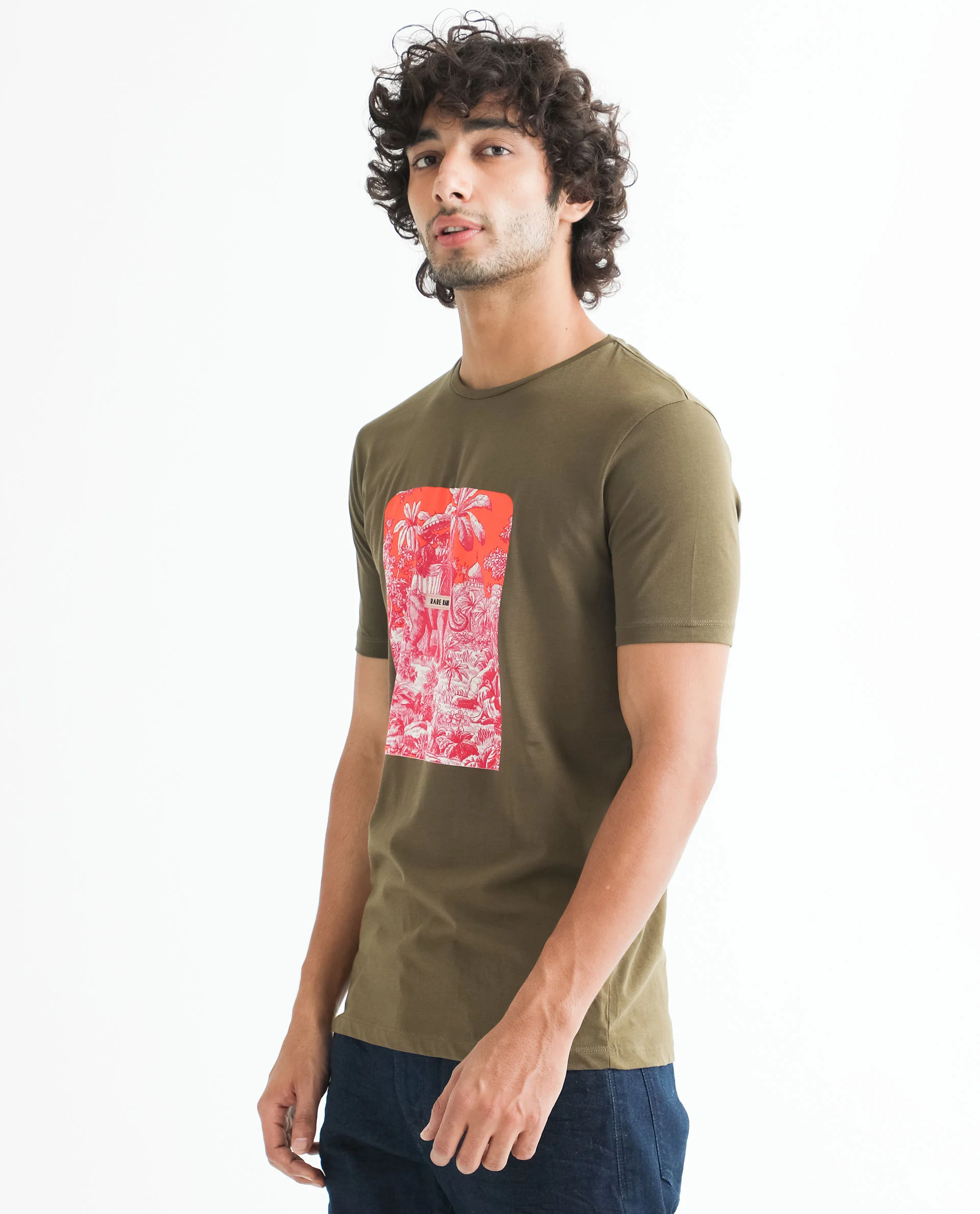 Rare Rabbit Men's Spread Green Cotton Graphic Print Slim Fit Half Sleeve Crew Neck T-Shirt - Image 6