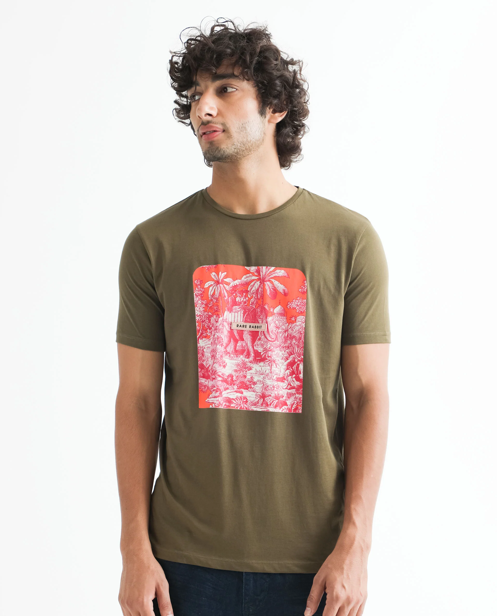Rare Rabbit Men's Spread Green Cotton Graphic Print Slim Fit Half Sleeve Crew Neck T-Shirt - Image 7