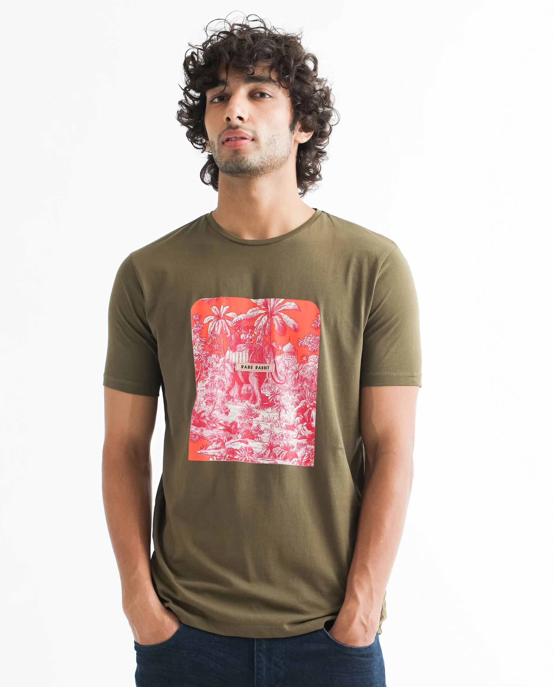 Rare Rabbit Men's Spread Green Cotton Graphic Print Slim Fit Half Sleeve Crew Neck T-Shirt - Image 9
