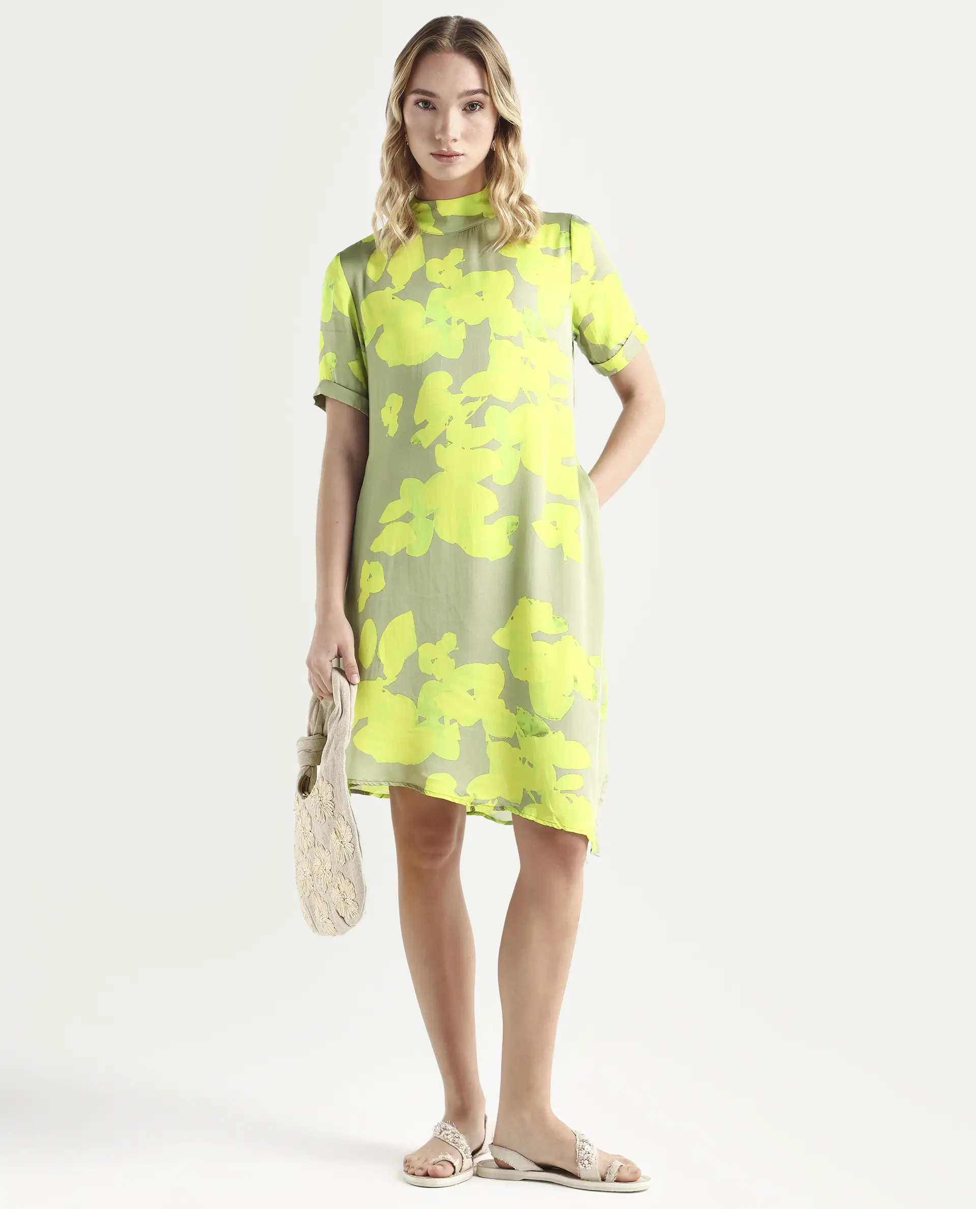 Rareism Women's Sprite Yellow Modal High Neck Abstract Print Knee Length Regular Fit Dress - Image 2