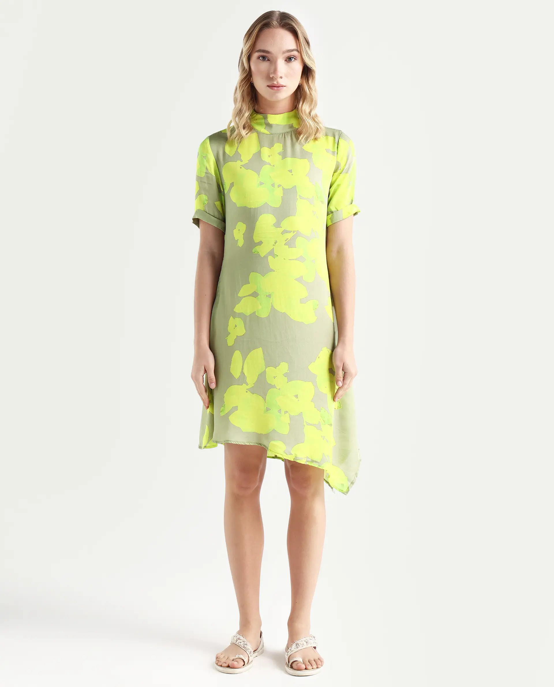 Rareism Women's Sprite Yellow Modal High Neck Abstract Print Knee Length Regular Fit Dress - Image 3