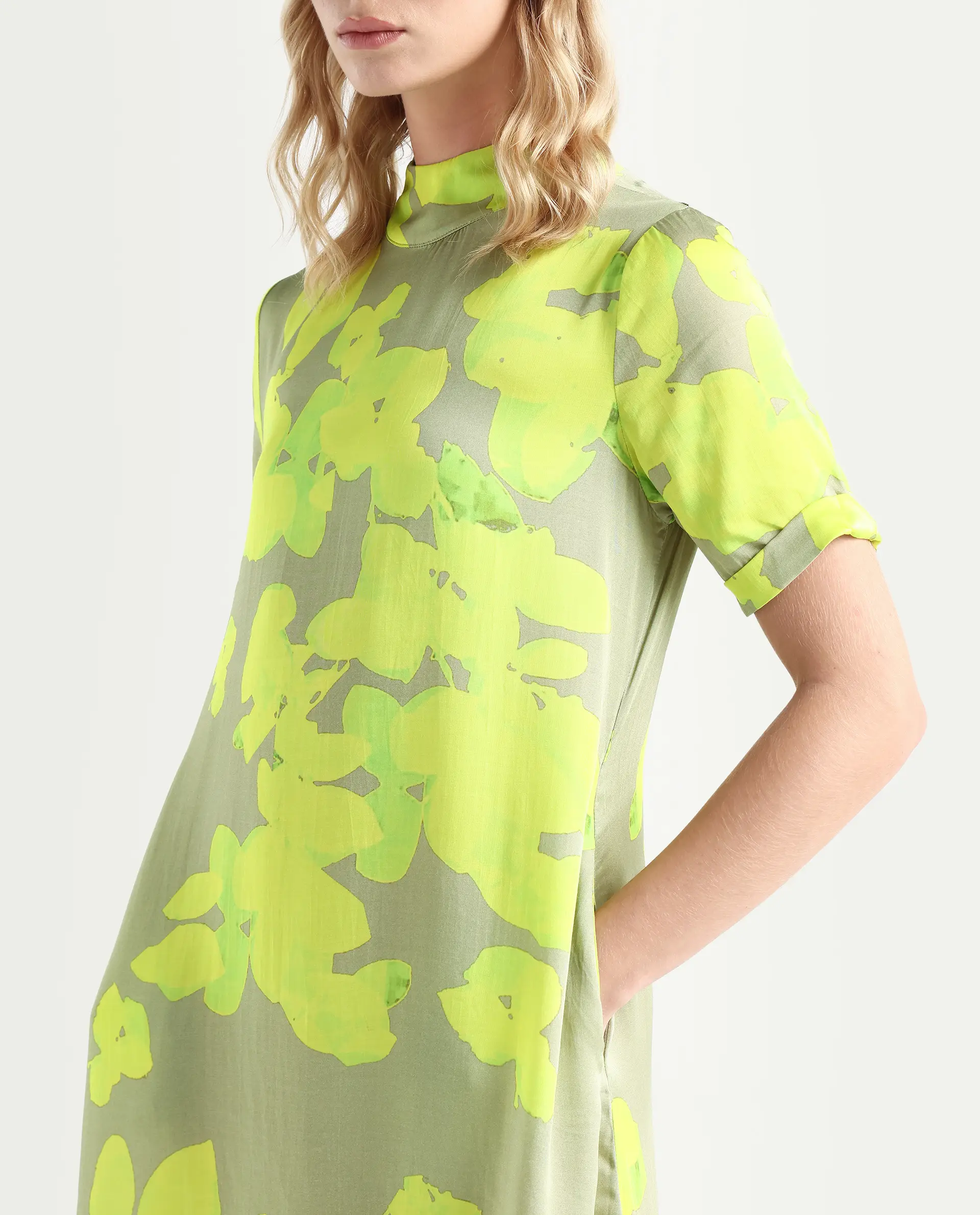 Rareism Women's Sprite Yellow Modal High Neck Abstract Print Knee Length Regular Fit Dress - Image 4