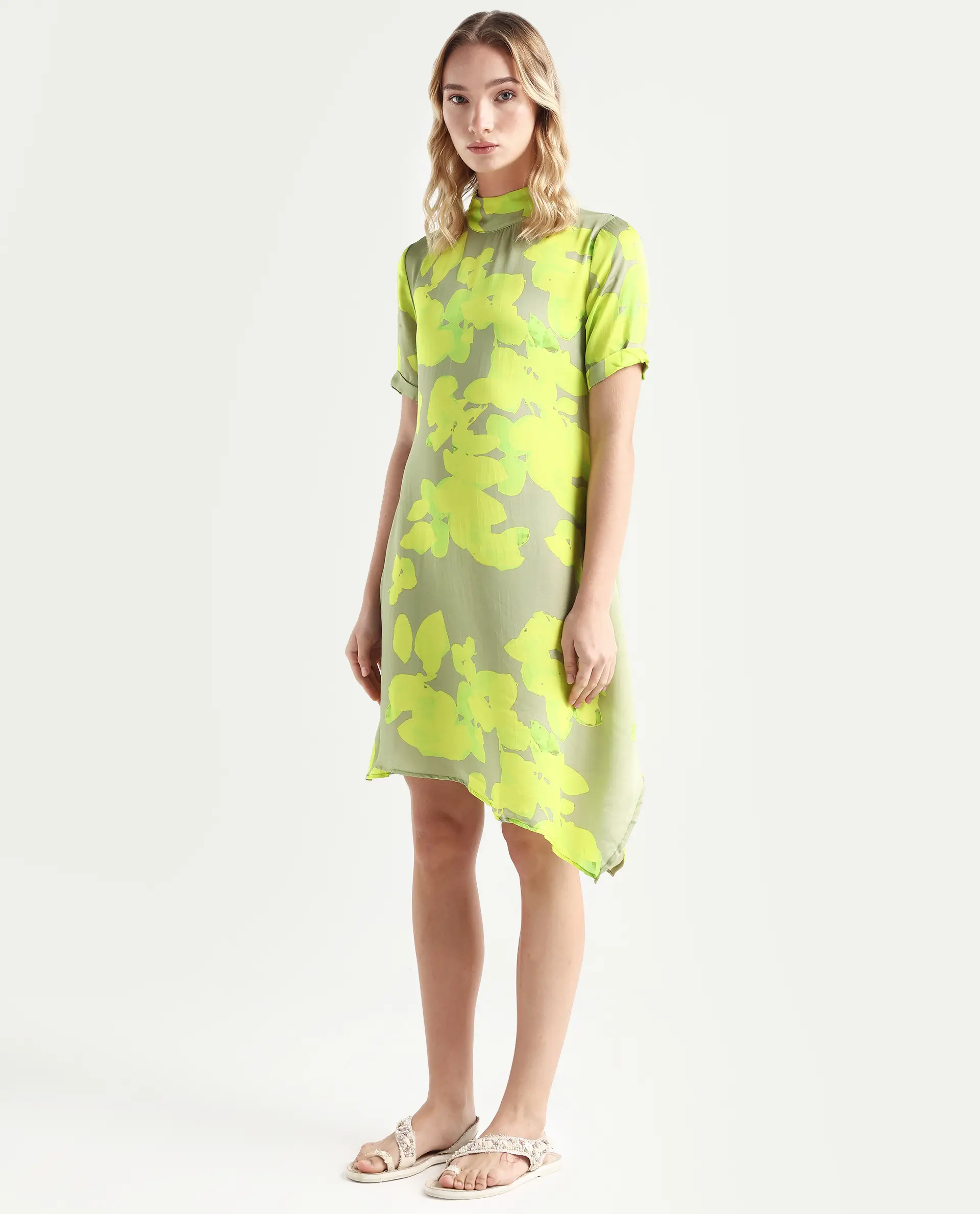 Rareism Women's Sprite Yellow Modal High Neck Abstract Print Knee Length Regular Fit Dress - Image 5