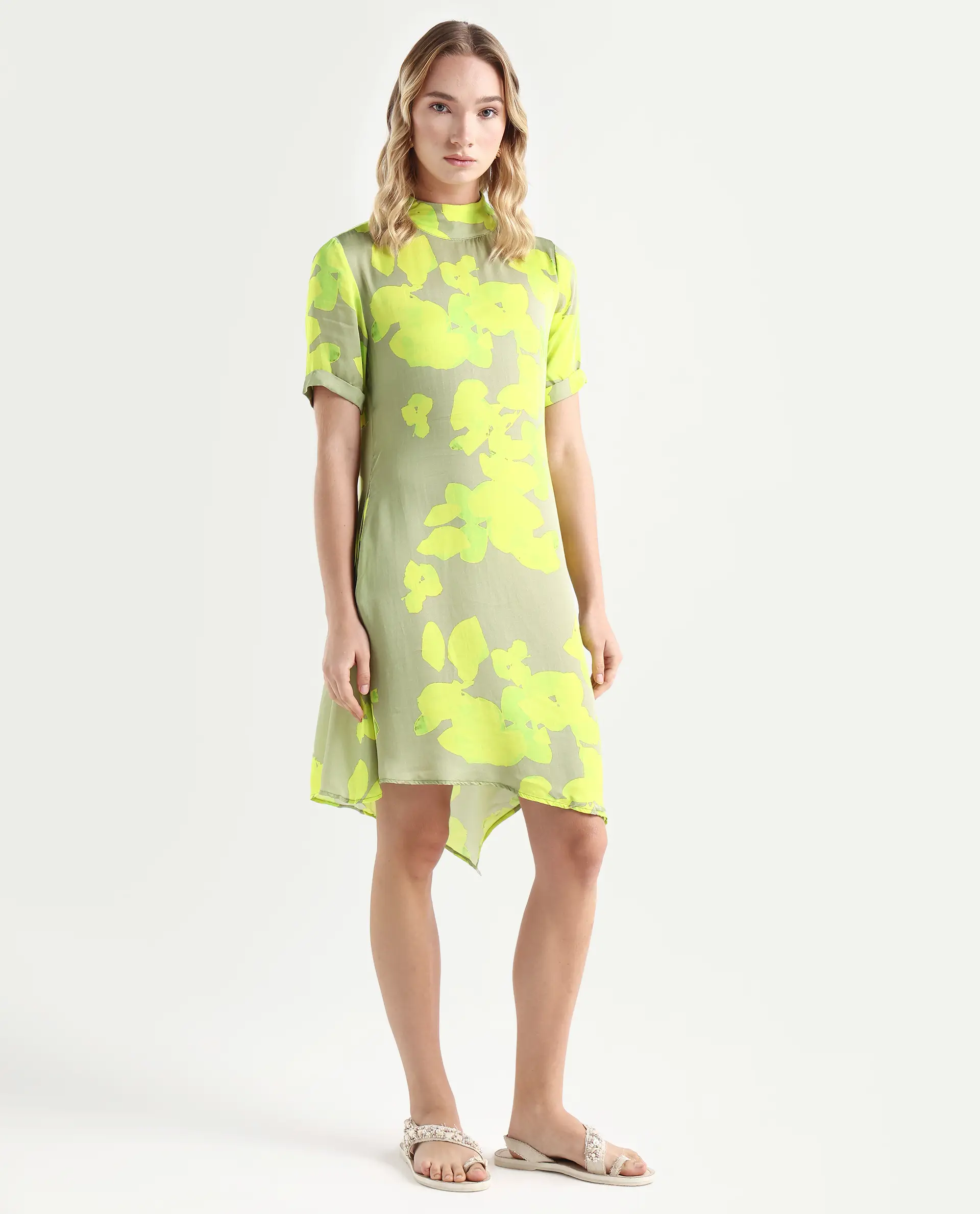 Rareism Women's Sprite Yellow Modal High Neck Abstract Print Knee Length Regular Fit Dress - Image 6