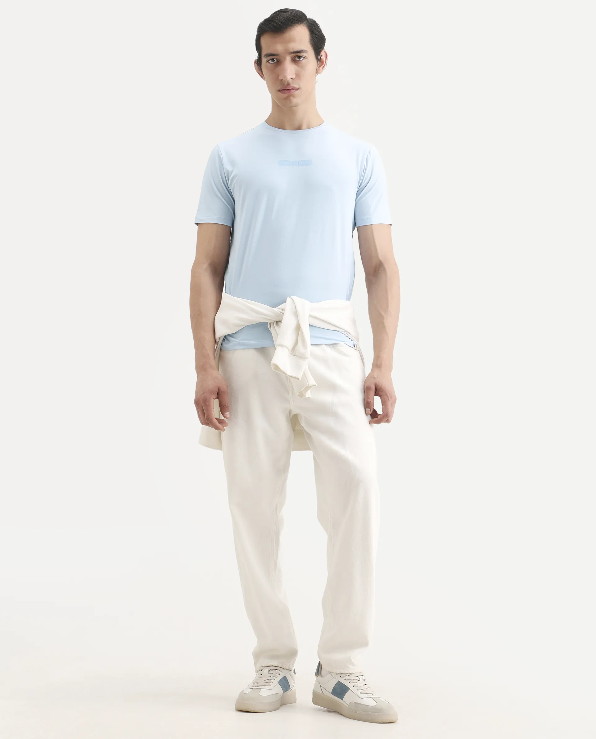 Rare Rabbit Men's Spur Light Blue Cotton Blend Fabric Half Sleeve Crew Neck Regular Fit Graphic Print T-Shirt - Image 2