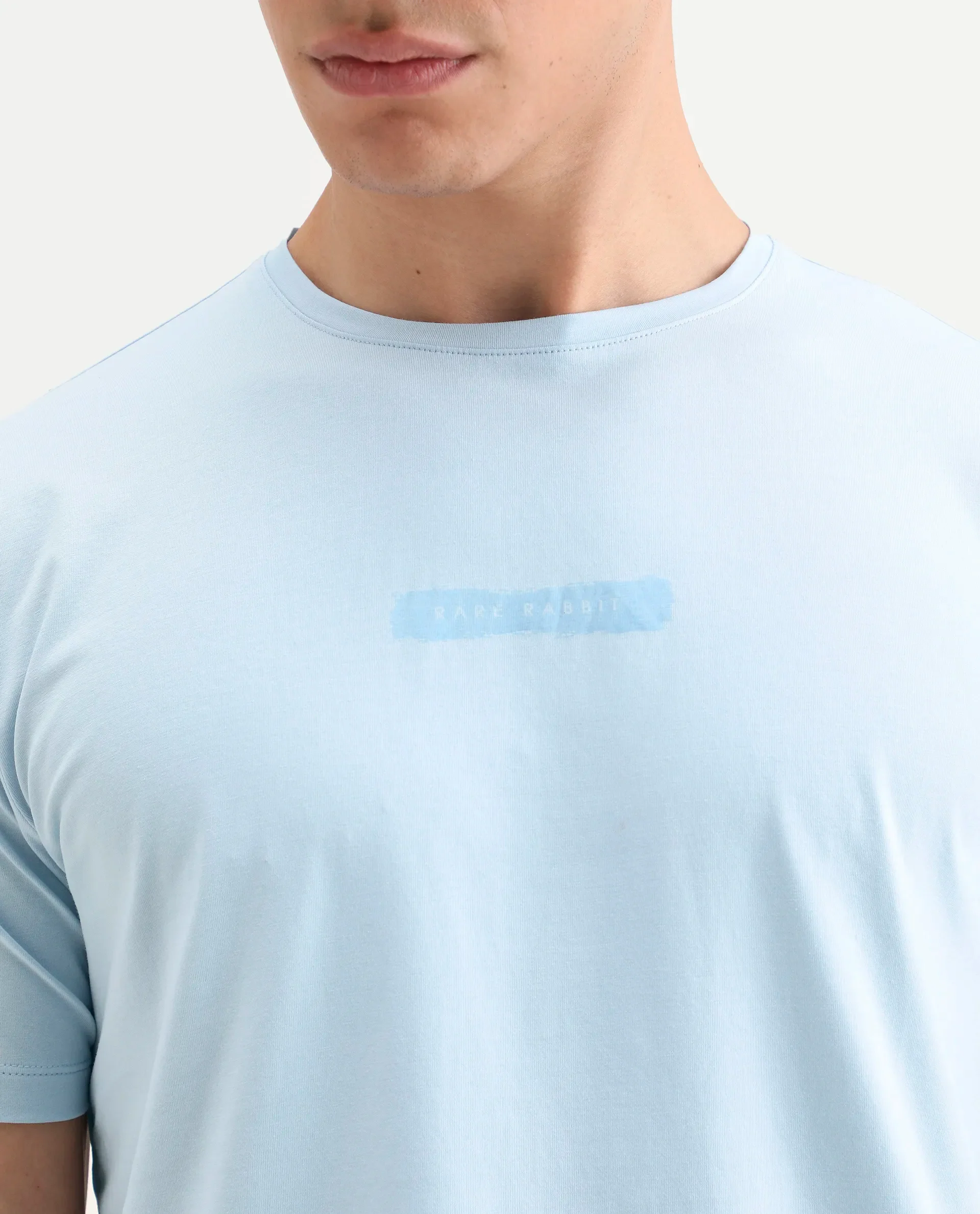 Rare Rabbit Men's Spur Light Blue Cotton Blend Fabric Half Sleeve Crew Neck Regular Fit Graphic Print T-Shirt - Image 3