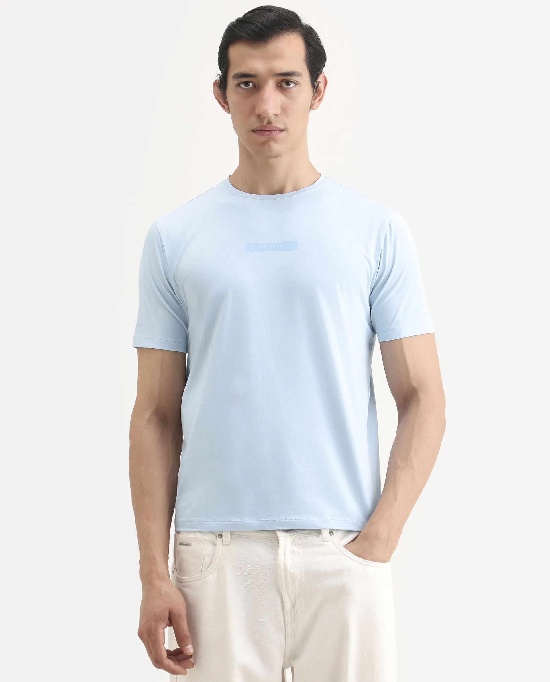 Rare Rabbit Men's Spur Light Blue Cotton Blend Fabric Half Sleeve Crew Neck Regular Fit Graphic Print T-Shirt - Image 4