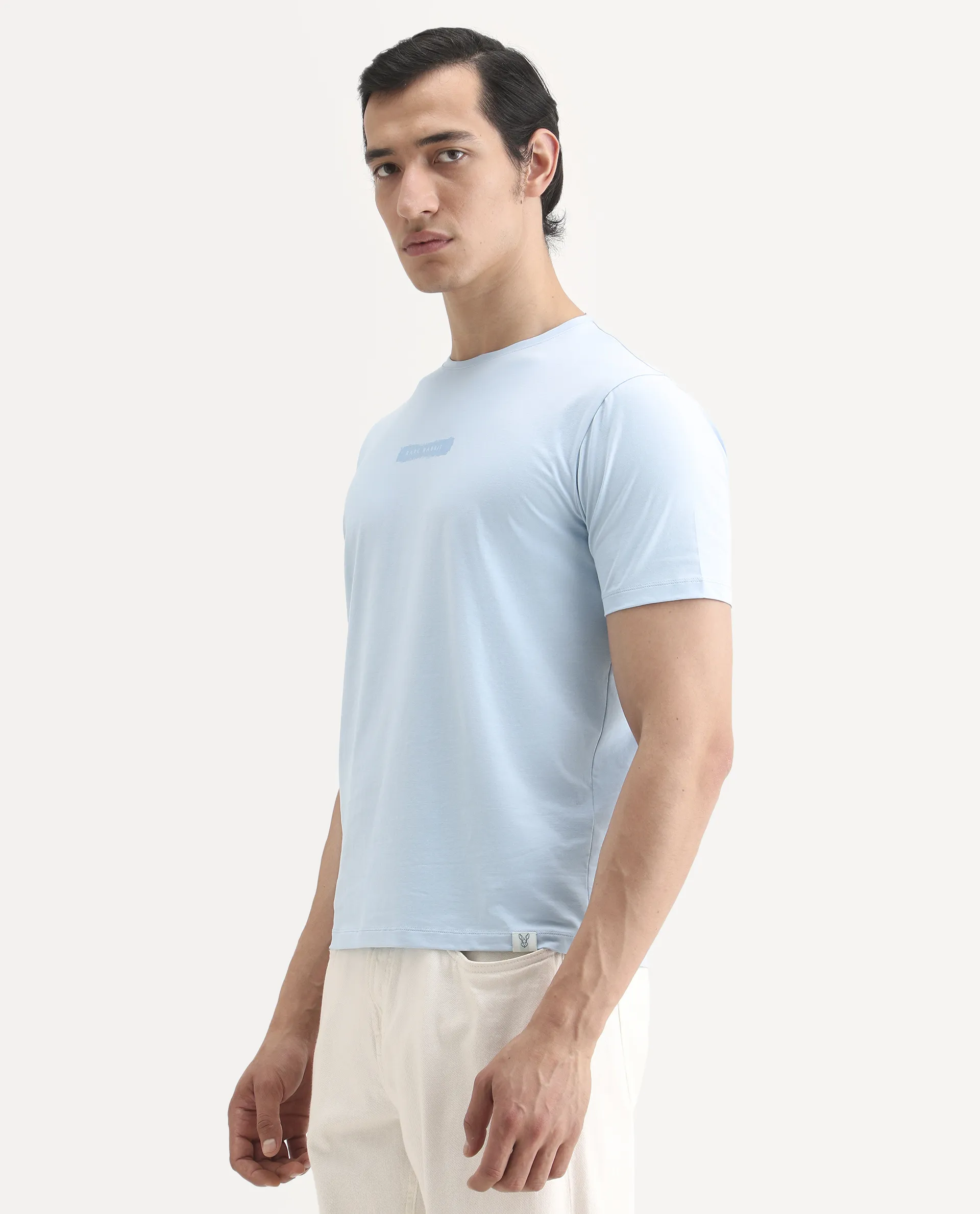 Rare Rabbit Men's Spur Light Blue Cotton Blend Fabric Half Sleeve Crew Neck Regular Fit Graphic Print T-Shirt - Image 5