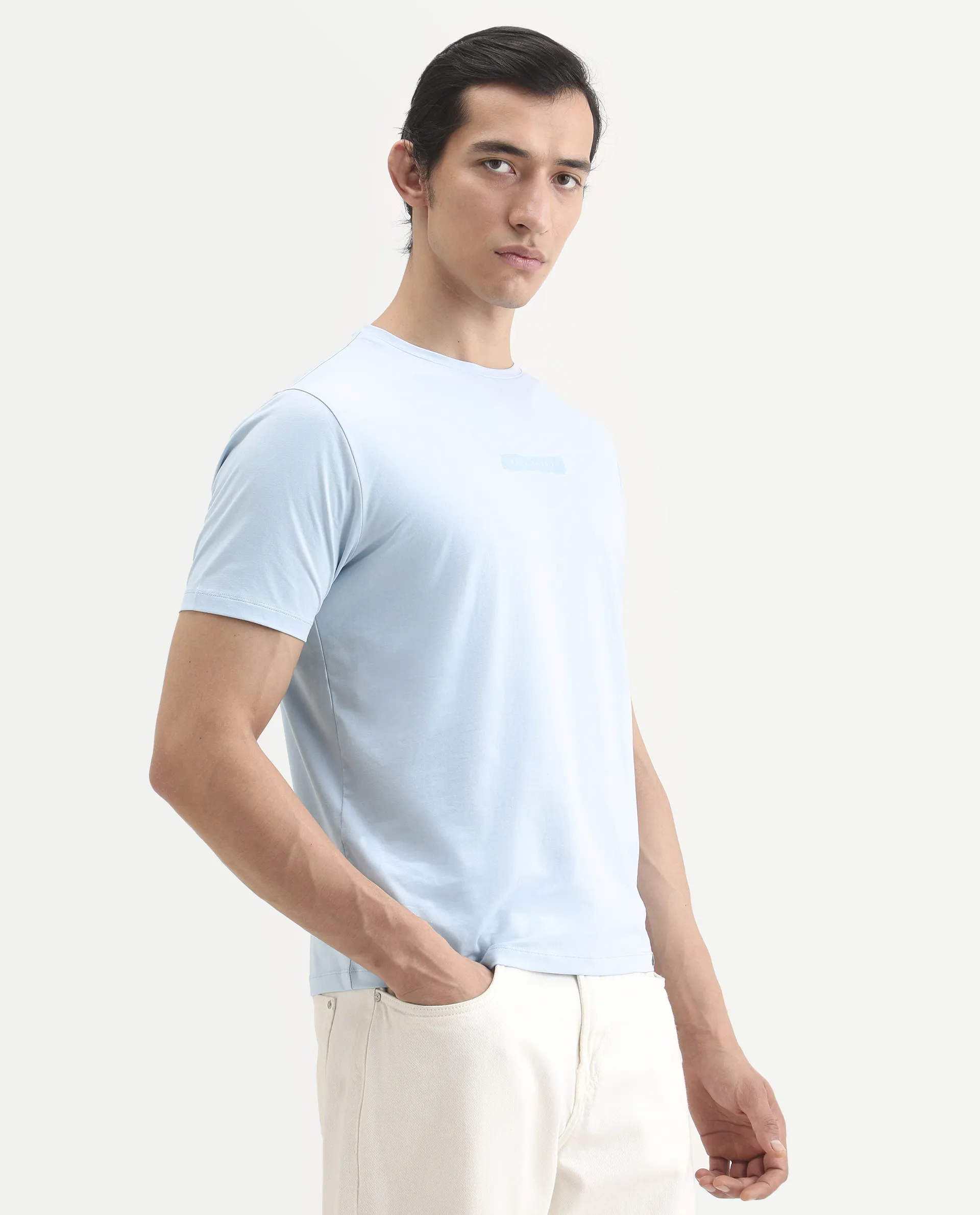 Rare Rabbit Men's Spur Light Blue Cotton Blend Fabric Half Sleeve Crew Neck Regular Fit Graphic Print T-Shirt - Image 6