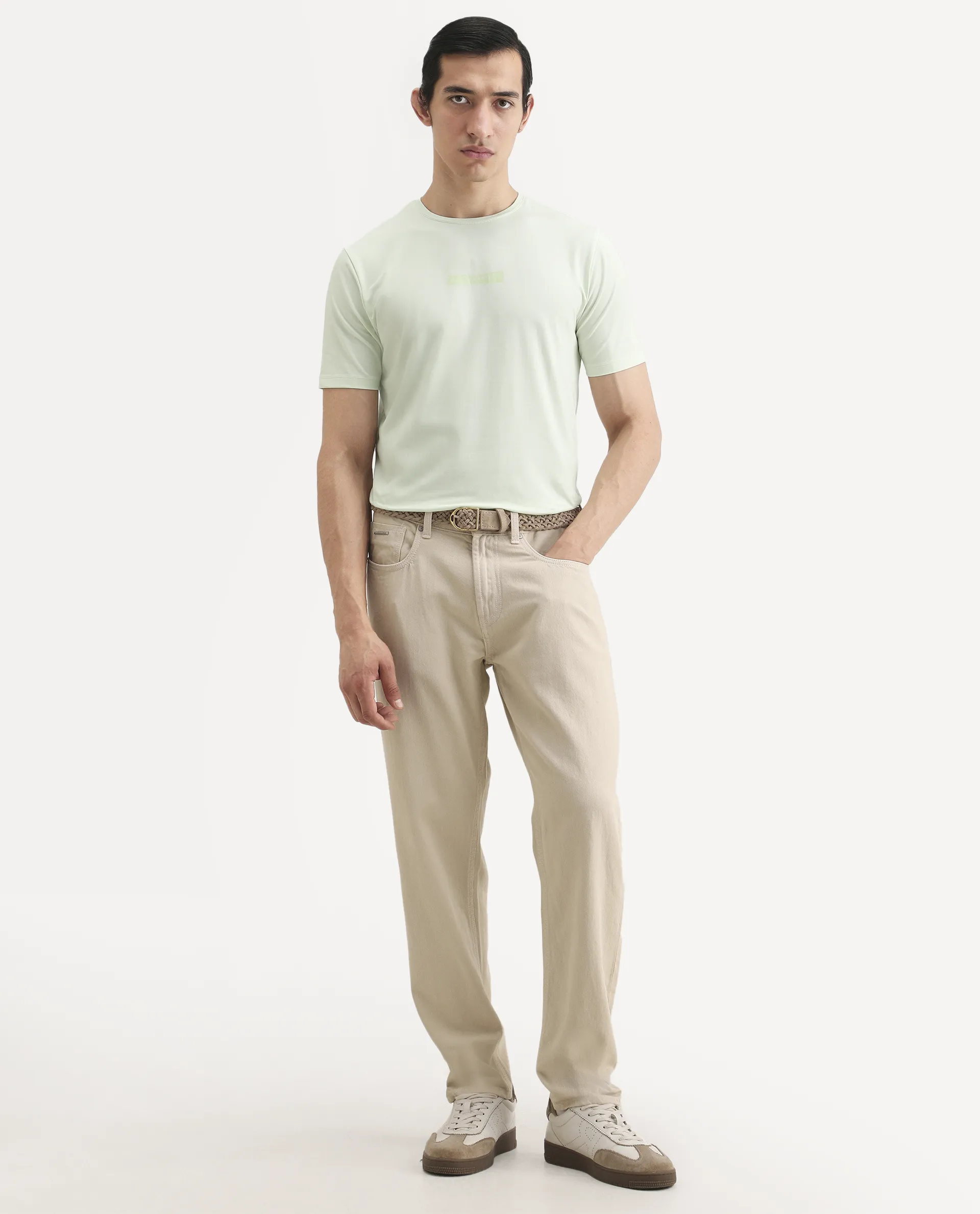 Rare Rabbit Men's Spur Light Green Cotton Blend Fabric Half Sleeve Crew Neck Regular Fit Graphic Print T-Shirt - Image 2