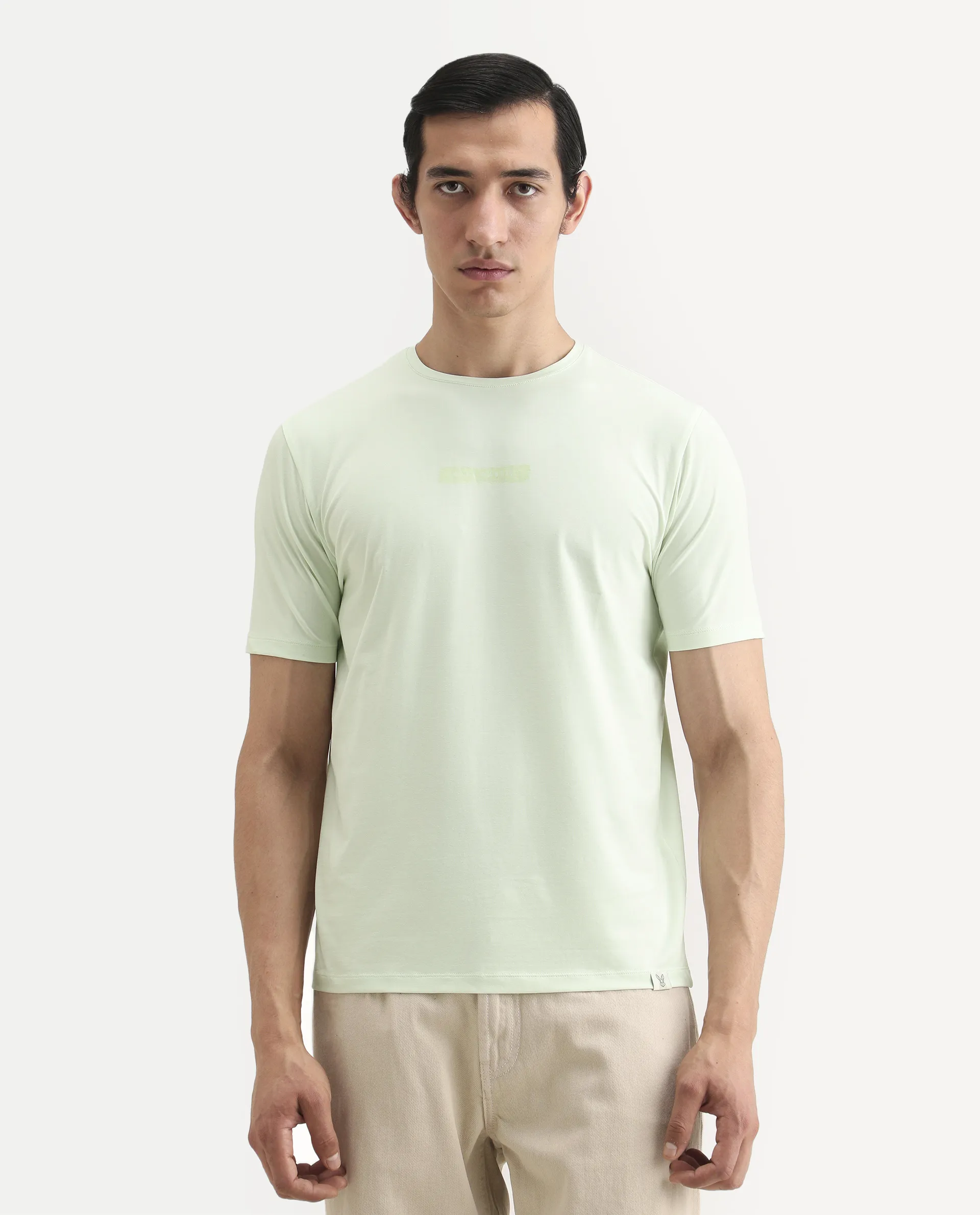 Rare Rabbit Men's Spur Light Green Cotton Blend Fabric Half Sleeve Crew Neck Regular Fit Graphic Print T-Shirt - Image 4