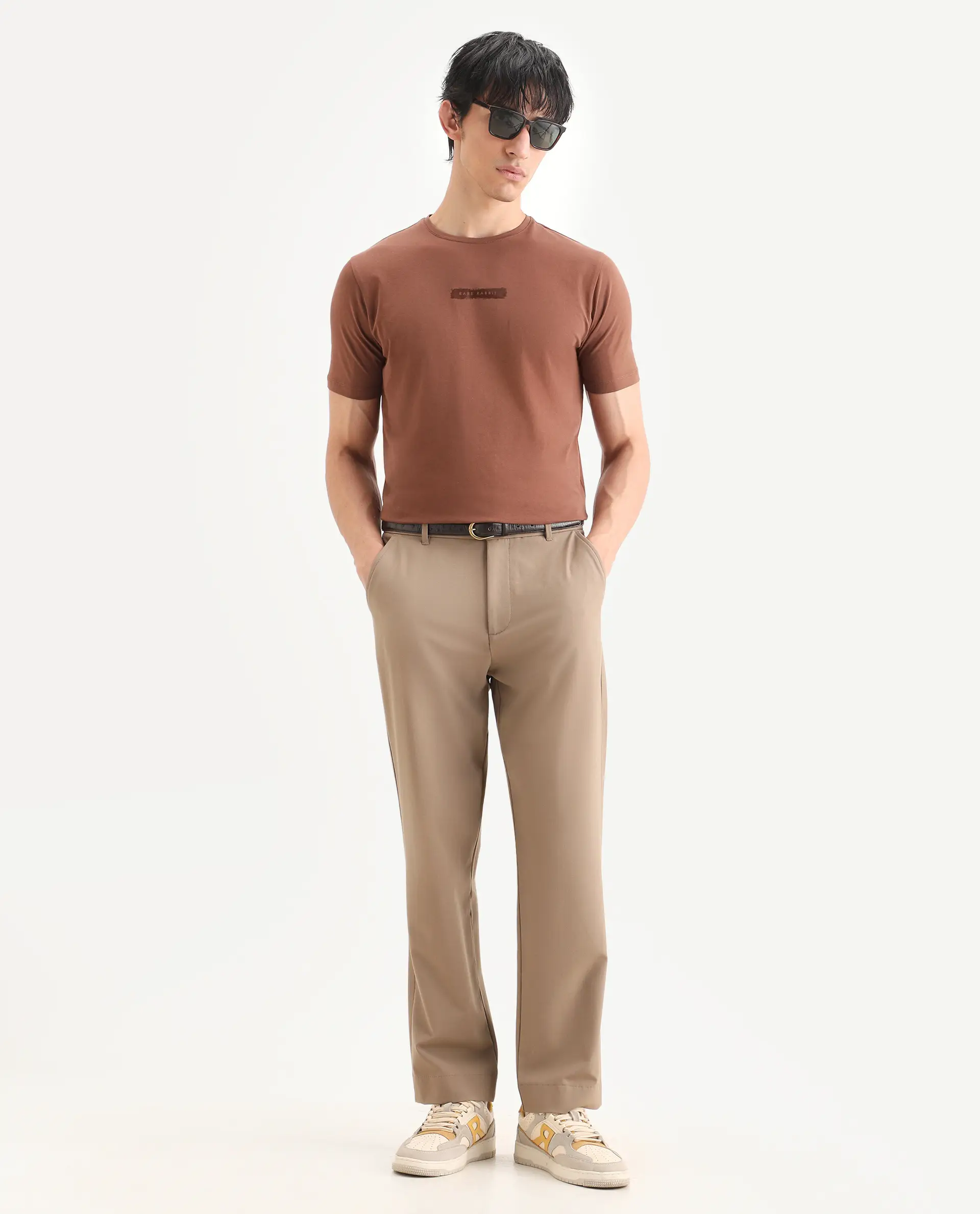 Rare Rabbit Men's Spur Pastel Brown Cotton Blend Fabric Half Sleeve Crew Neck Regular Fit Graphic Print T-Shirt - Image 2