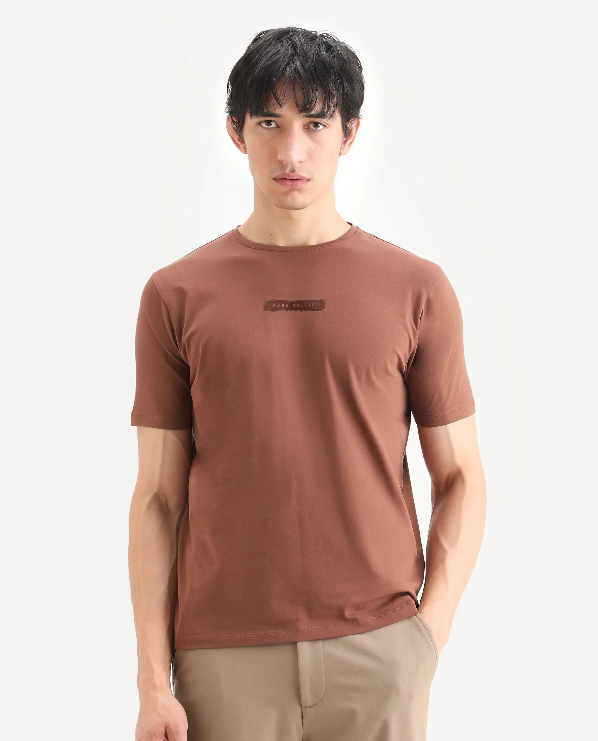 Rare Rabbit Men's Spur Pastel Brown Cotton Blend Fabric Half Sleeve Crew Neck Regular Fit Graphic Print T-Shirt - Image 4