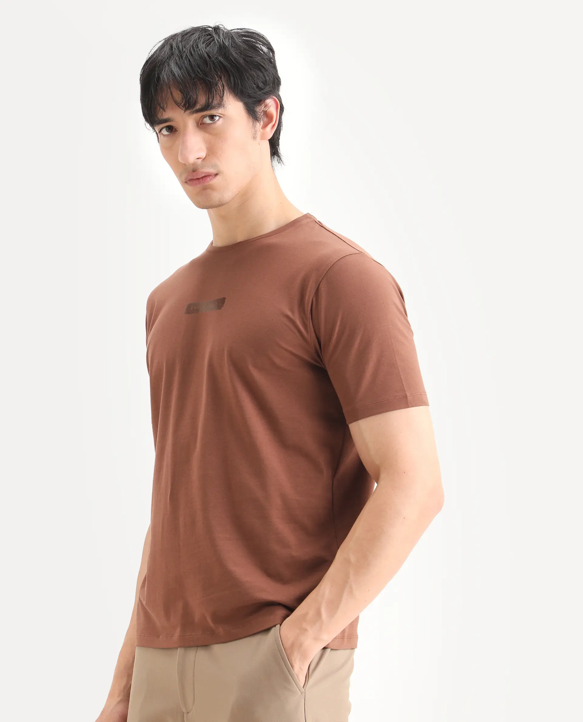 Rare Rabbit Men's Spur Pastel Brown Cotton Blend Fabric Half Sleeve Crew Neck Regular Fit Graphic Print T-Shirt - Image 5