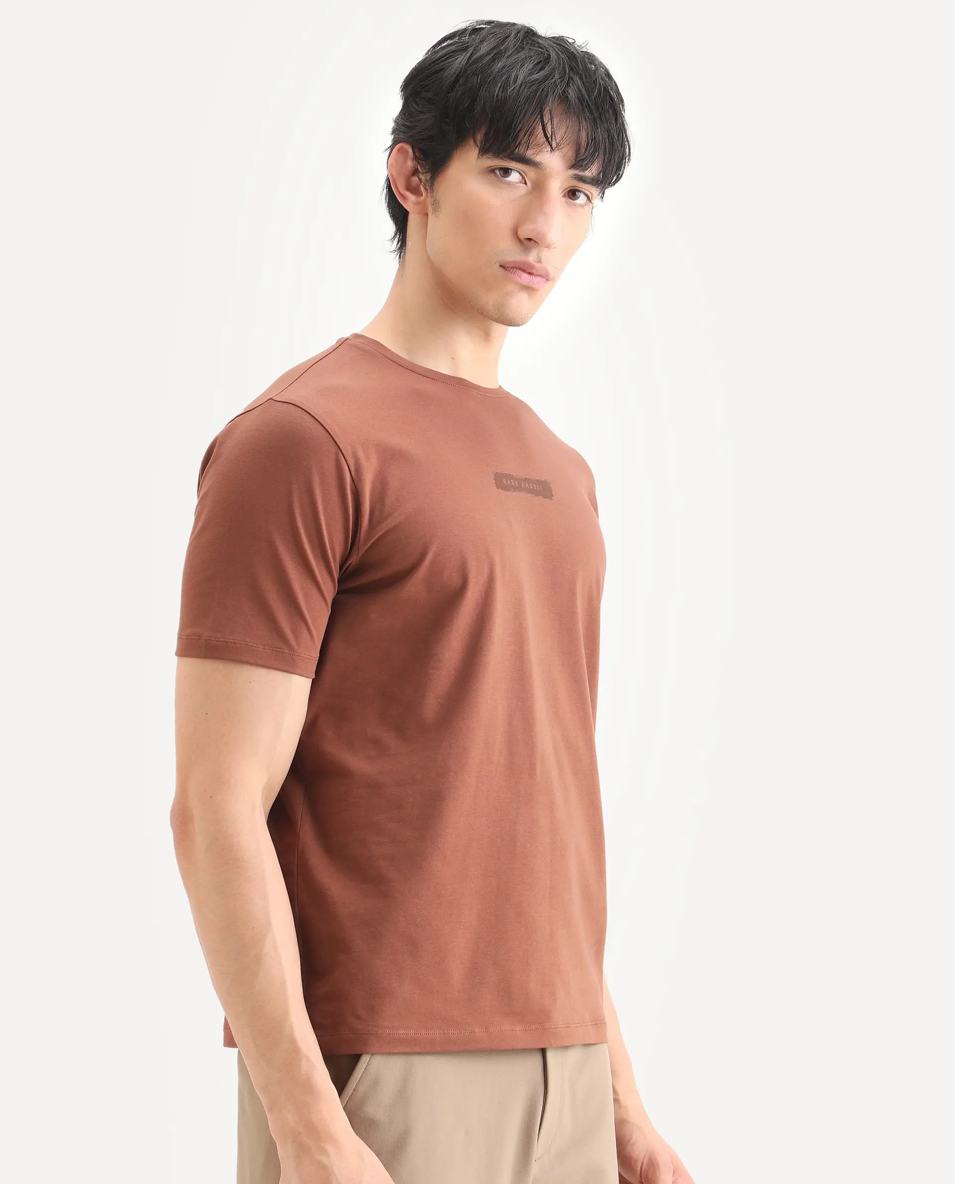 Rare Rabbit Men's Spur Pastel Brown Cotton Blend Fabric Half Sleeve Crew Neck Regular Fit Graphic Print T-Shirt - Image 6