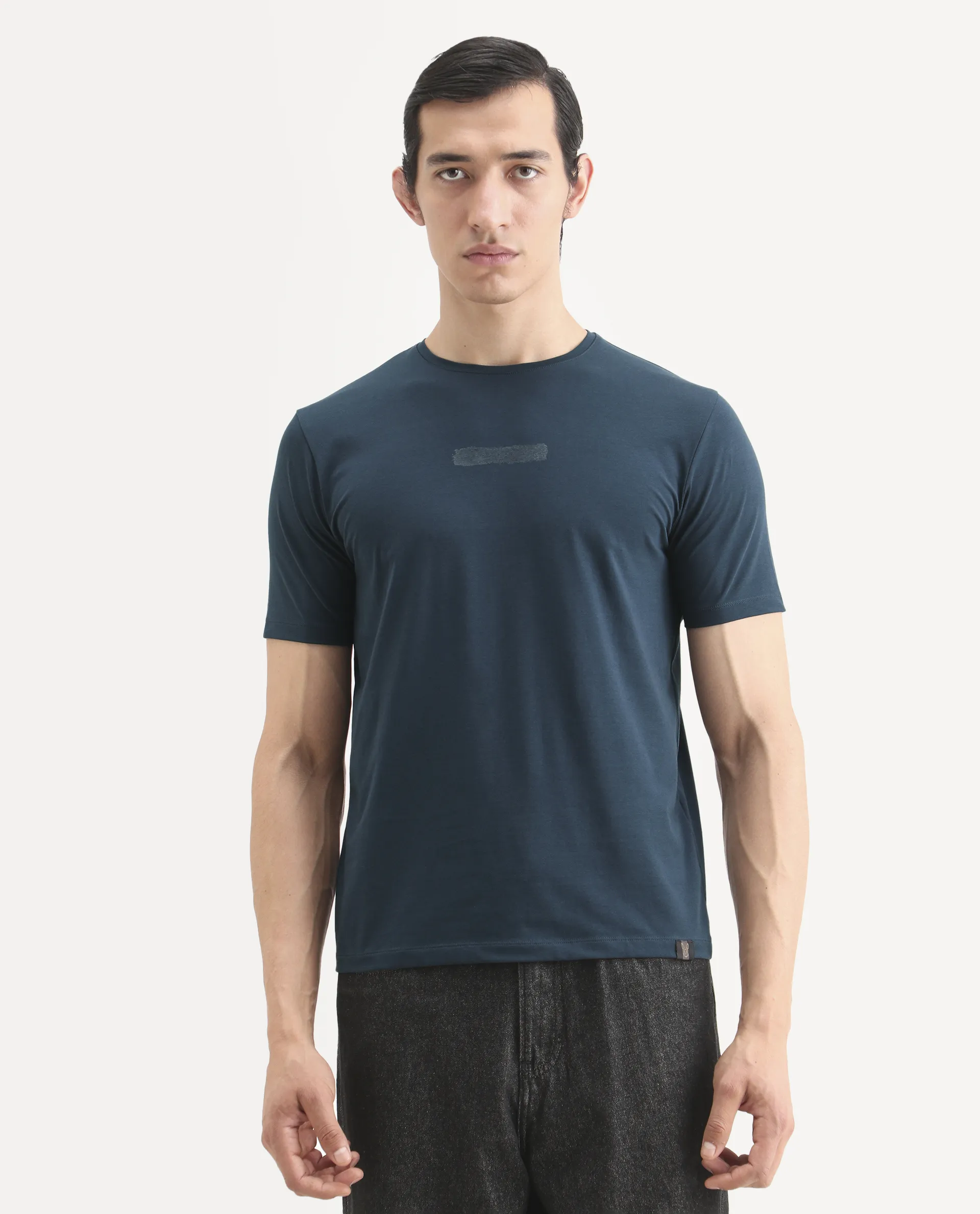 Rare Rabbit Men's Spur Teal Cotton Blend Fabric Half Sleeve Crew Neck Regular Fit Graphic Print T-Shirt - Image 4