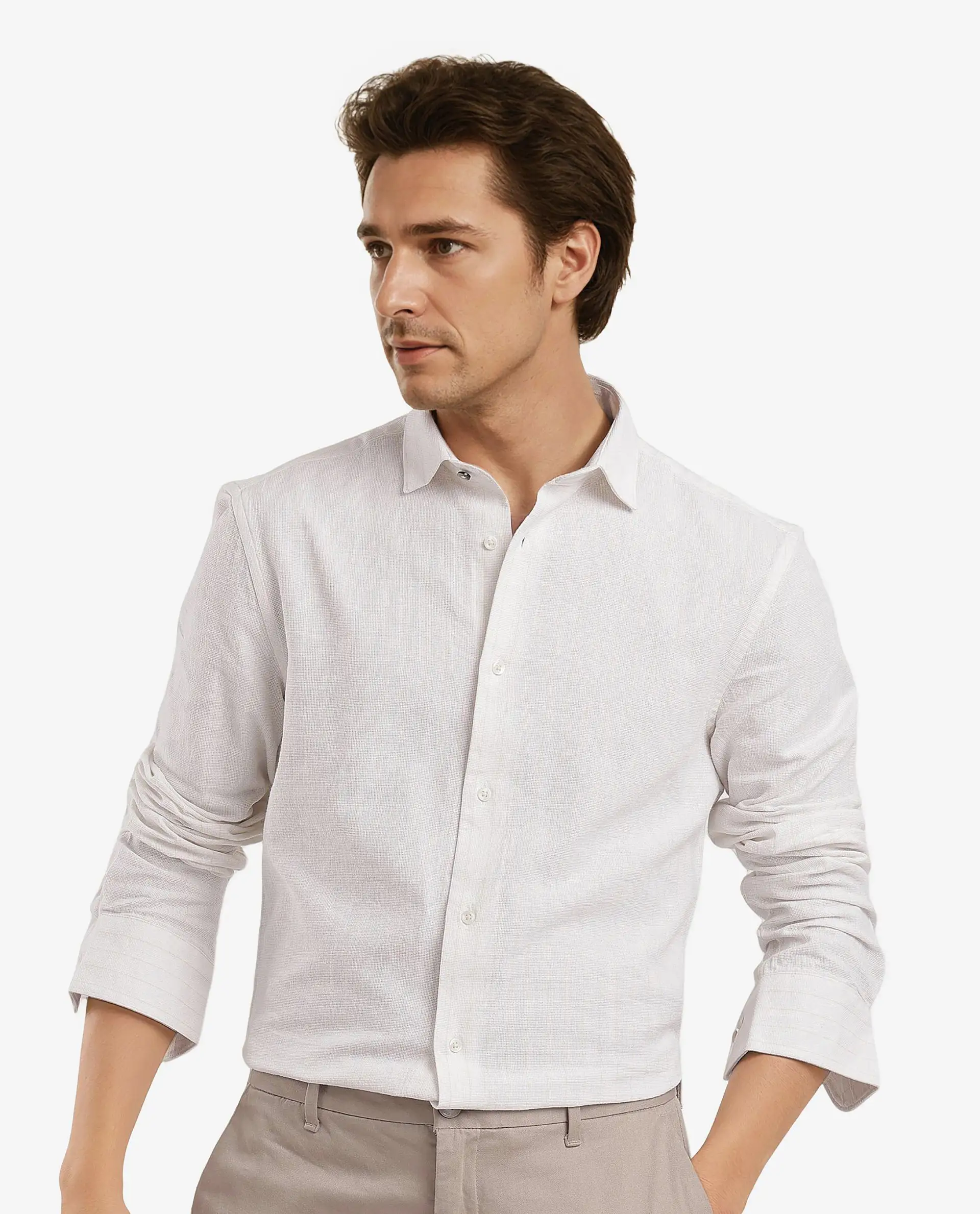 Rare Rabbit Men's Squa-1 Off White Cotton Textured Regular Fit Full Sleeve Collared Shirt