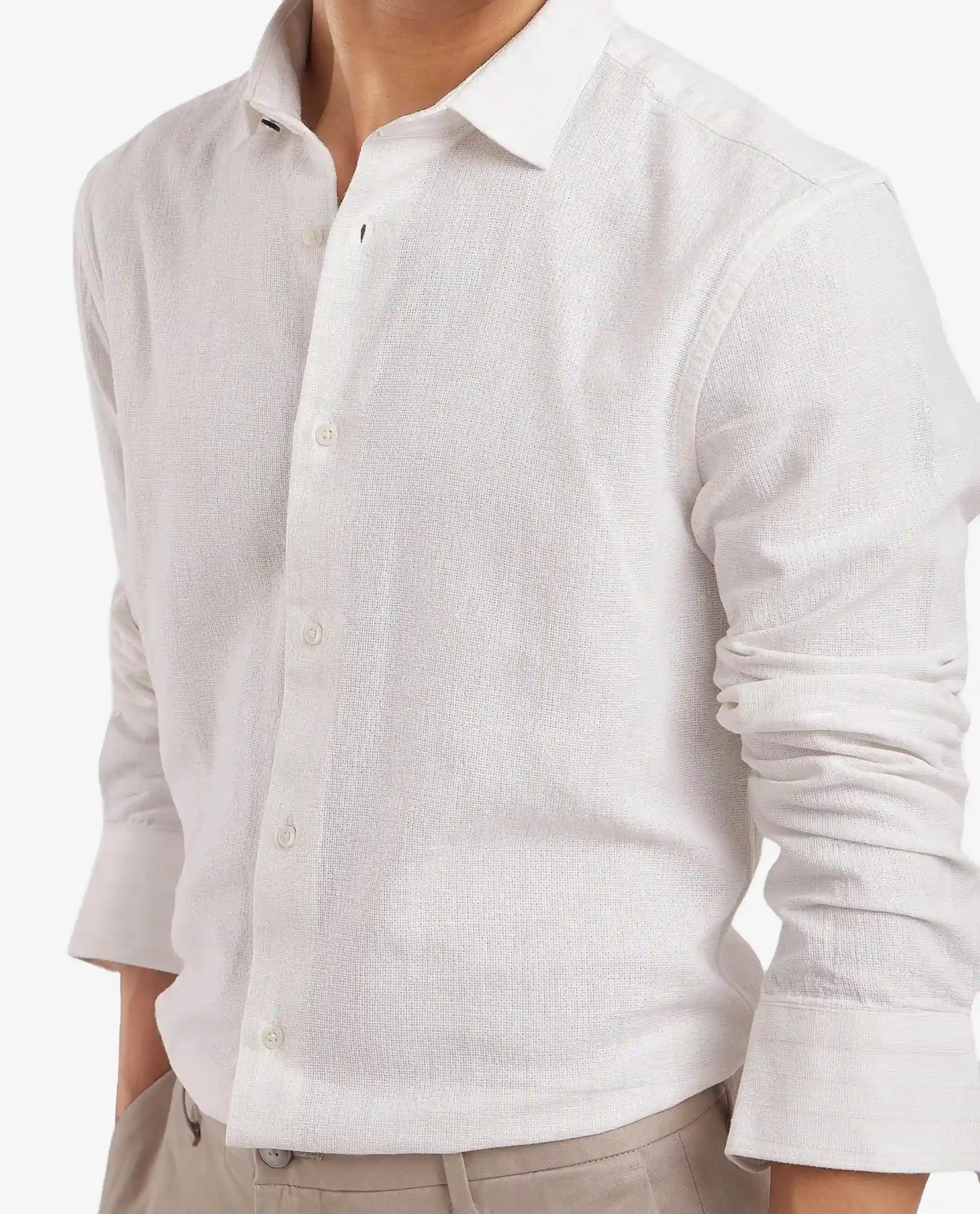 Rare Rabbit Men's Squa-1 Off White Cotton Textured Regular Fit Full Sleeve Collared Shirt - Image 6