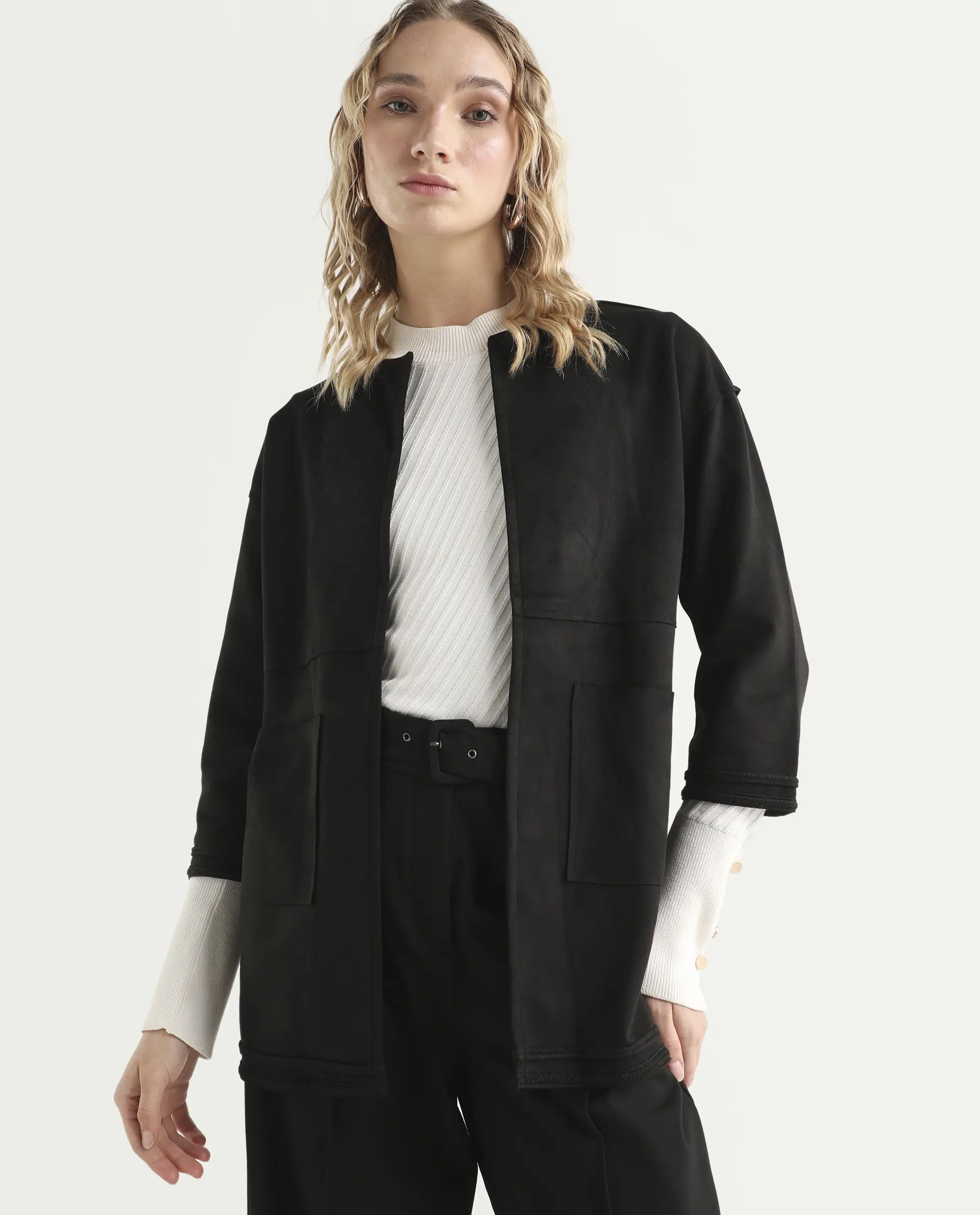 Rareism Women's Square Black Polyester Boat Neck Plain Regular Fit Jacket