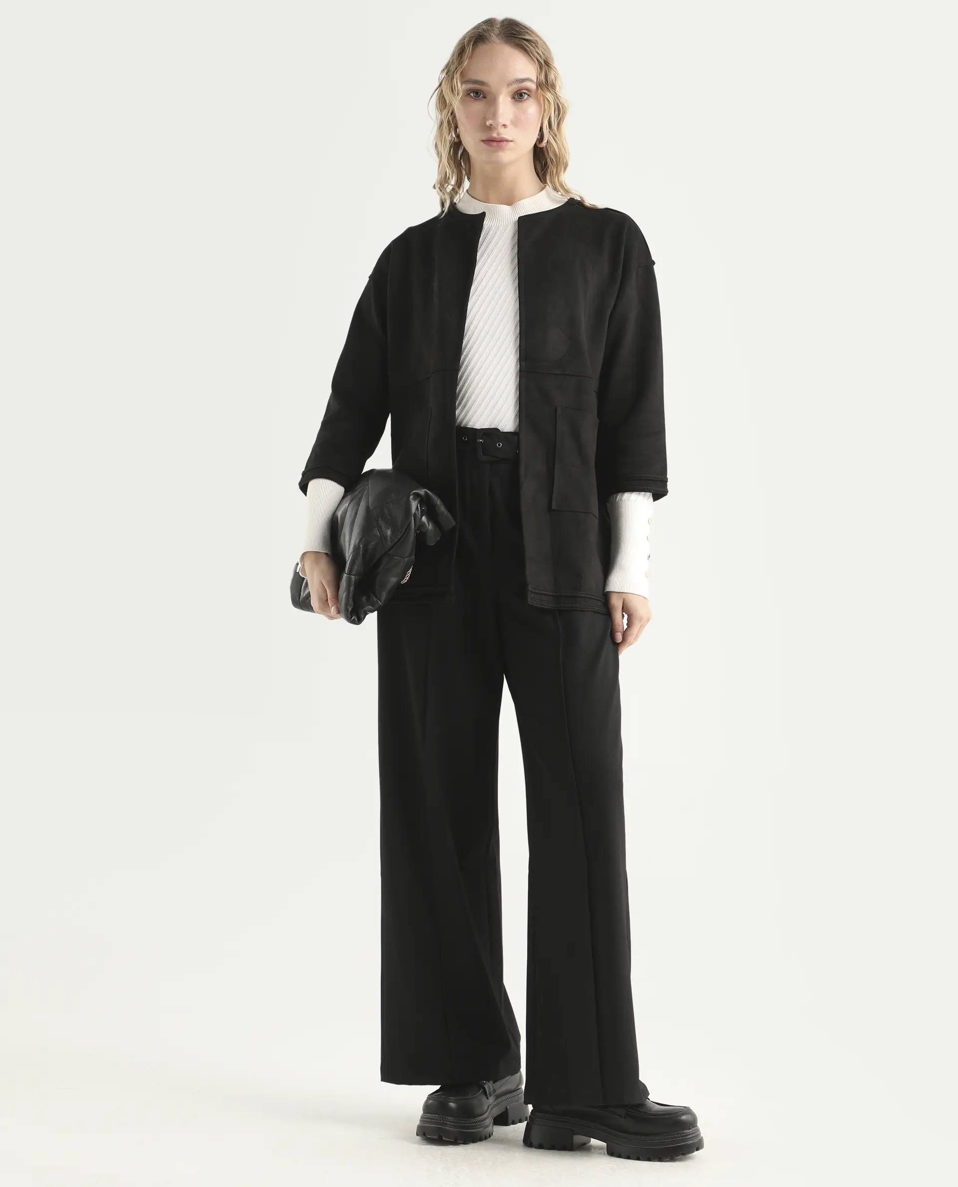 Rareism Women's Square Black Polyester Boat Neck Plain Regular Fit Jacket - Image 2
