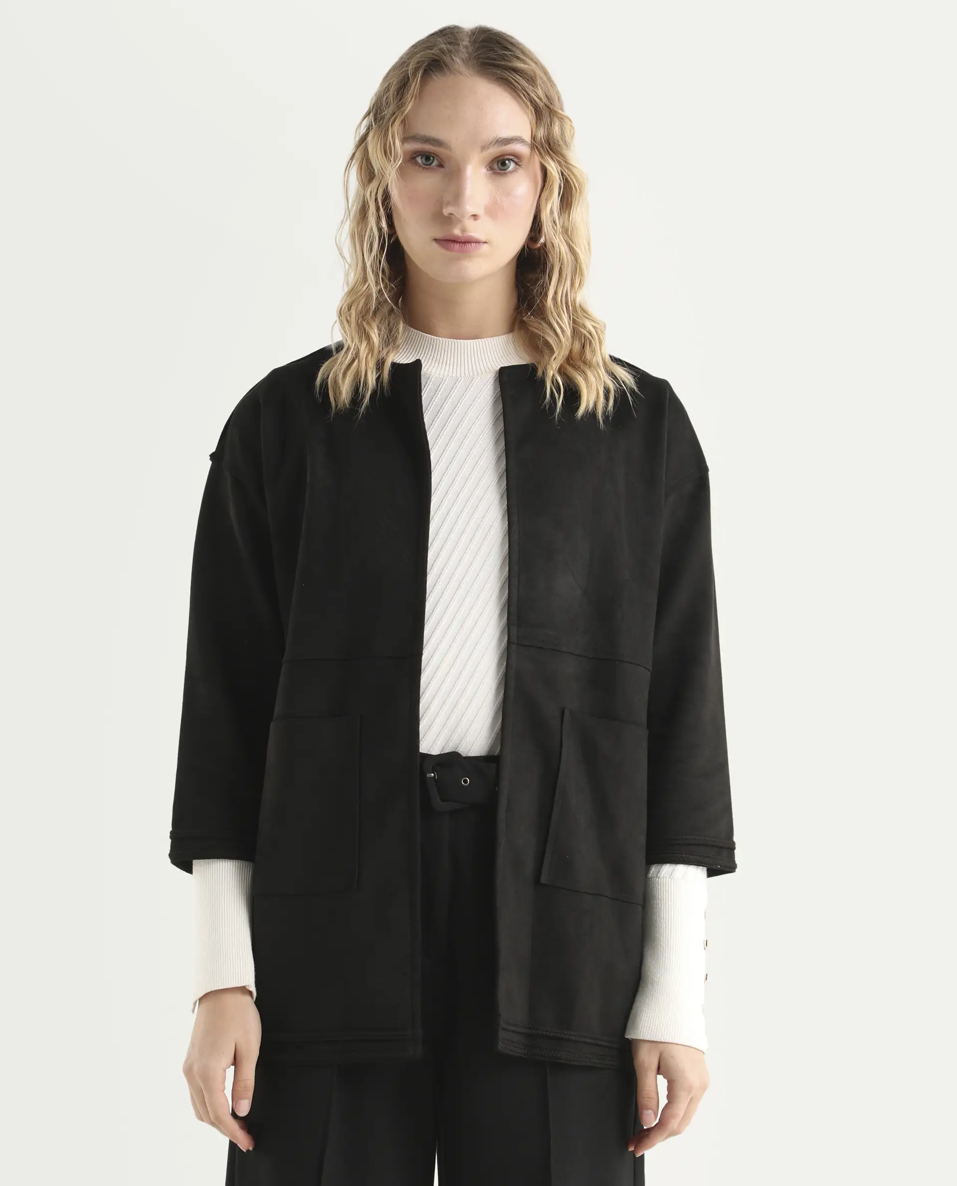Rareism Women's Square Black Polyester Boat Neck Plain Regular Fit Jacket - Image 3