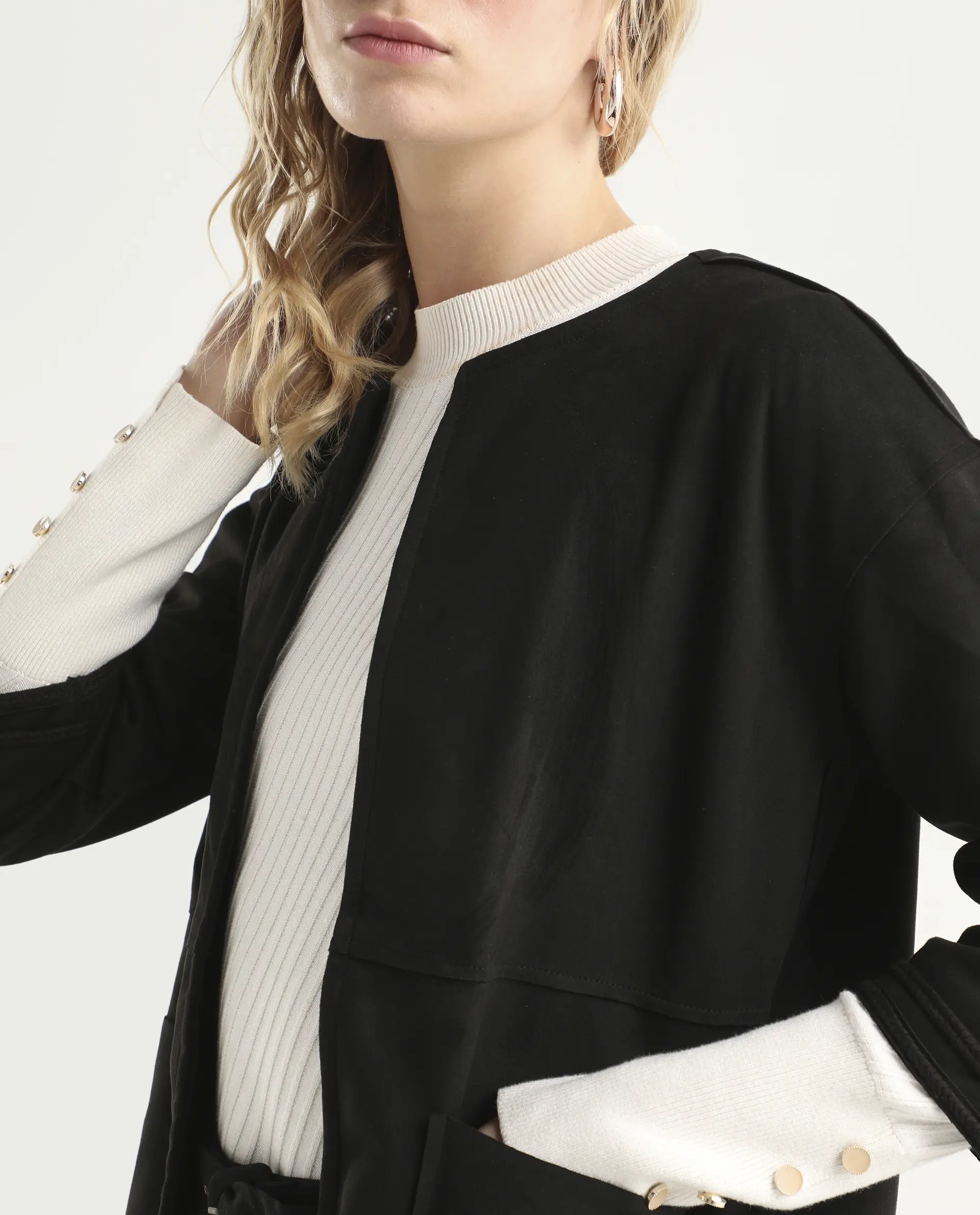 Rareism Women's Square Black Polyester Boat Neck Plain Regular Fit Jacket - Image 4
