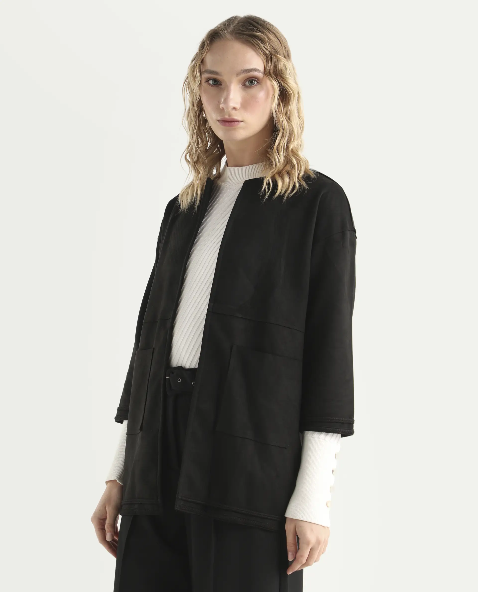 Rareism Women's Square Black Polyester Boat Neck Plain Regular Fit Jacket - Image 5