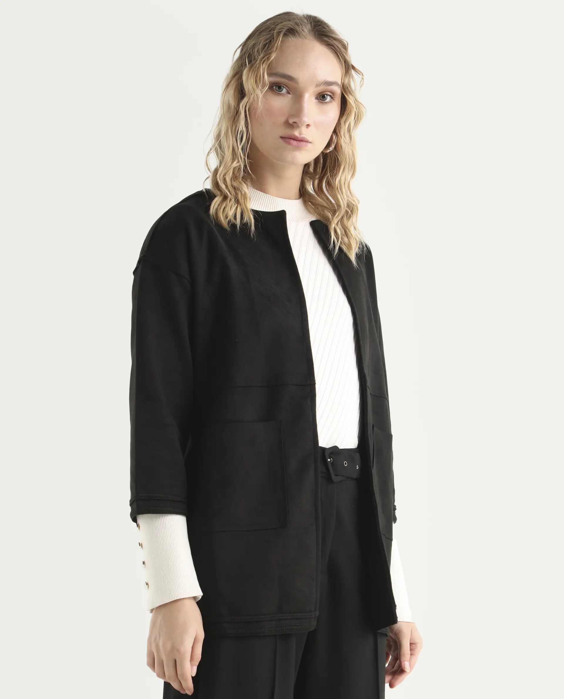 Rareism Women's Square Black Polyester Boat Neck Plain Regular Fit Jacket - Image 6