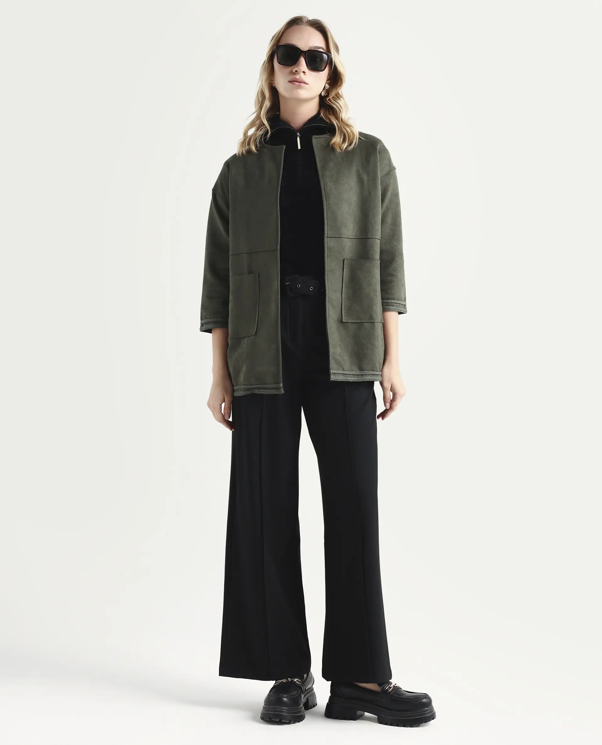Rareism Women's Square Olive Polyester Boat Neck Plain Regular Fit Jacket - Image 2