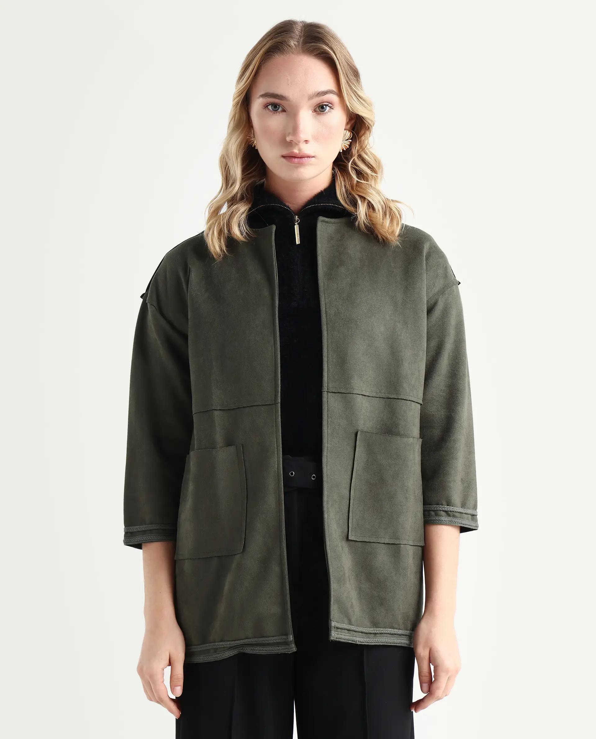 Rareism Women's Square Olive Polyester Boat Neck Plain Regular Fit Jacket - Image 3