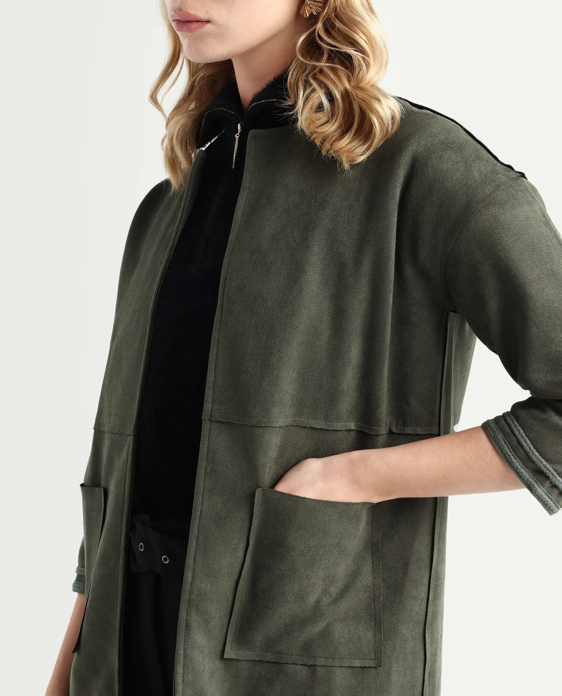 Rareism Women's Square Olive Polyester Boat Neck Plain Regular Fit Jacket - Image 4