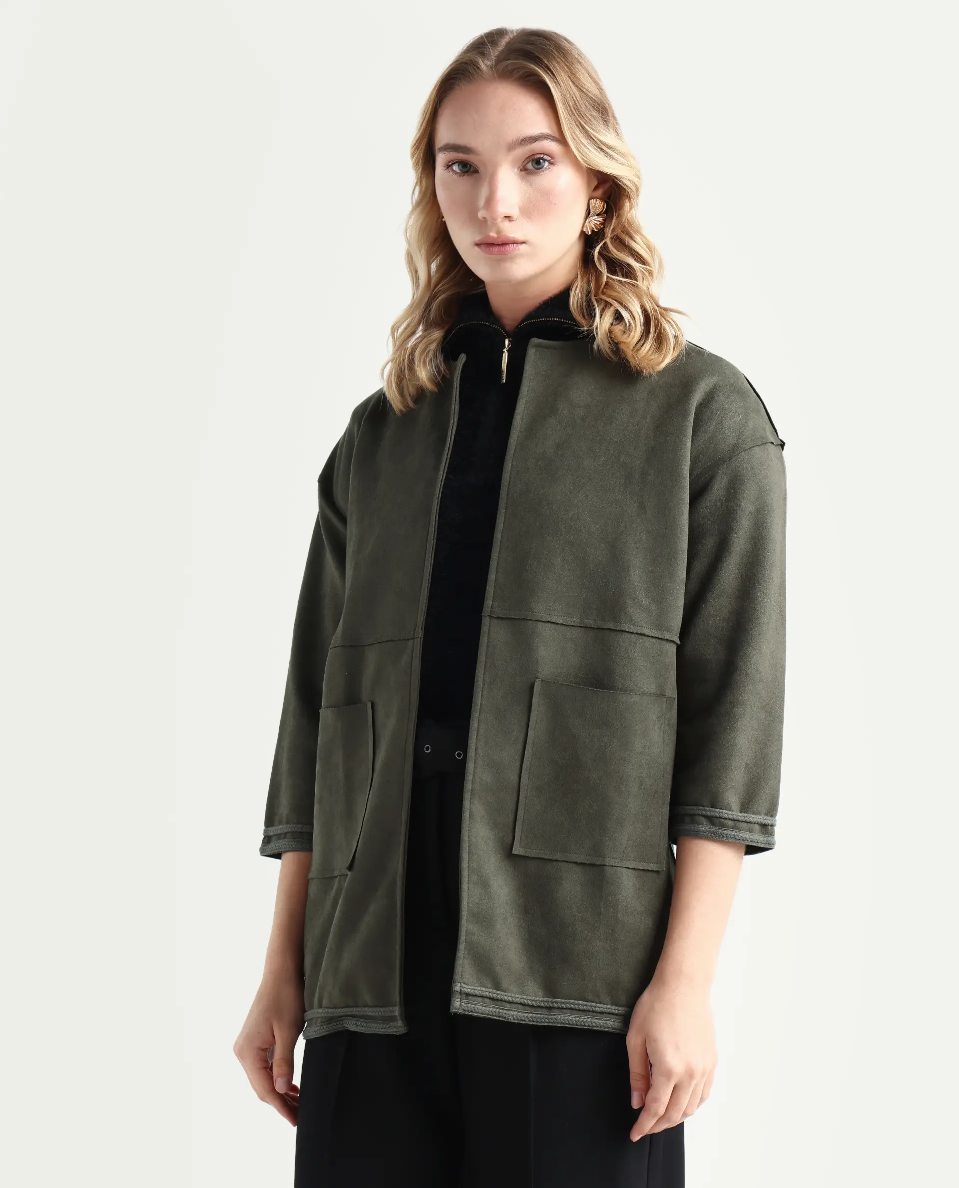 Rareism Women's Square Olive Polyester Boat Neck Plain Regular Fit Jacket - Image 5