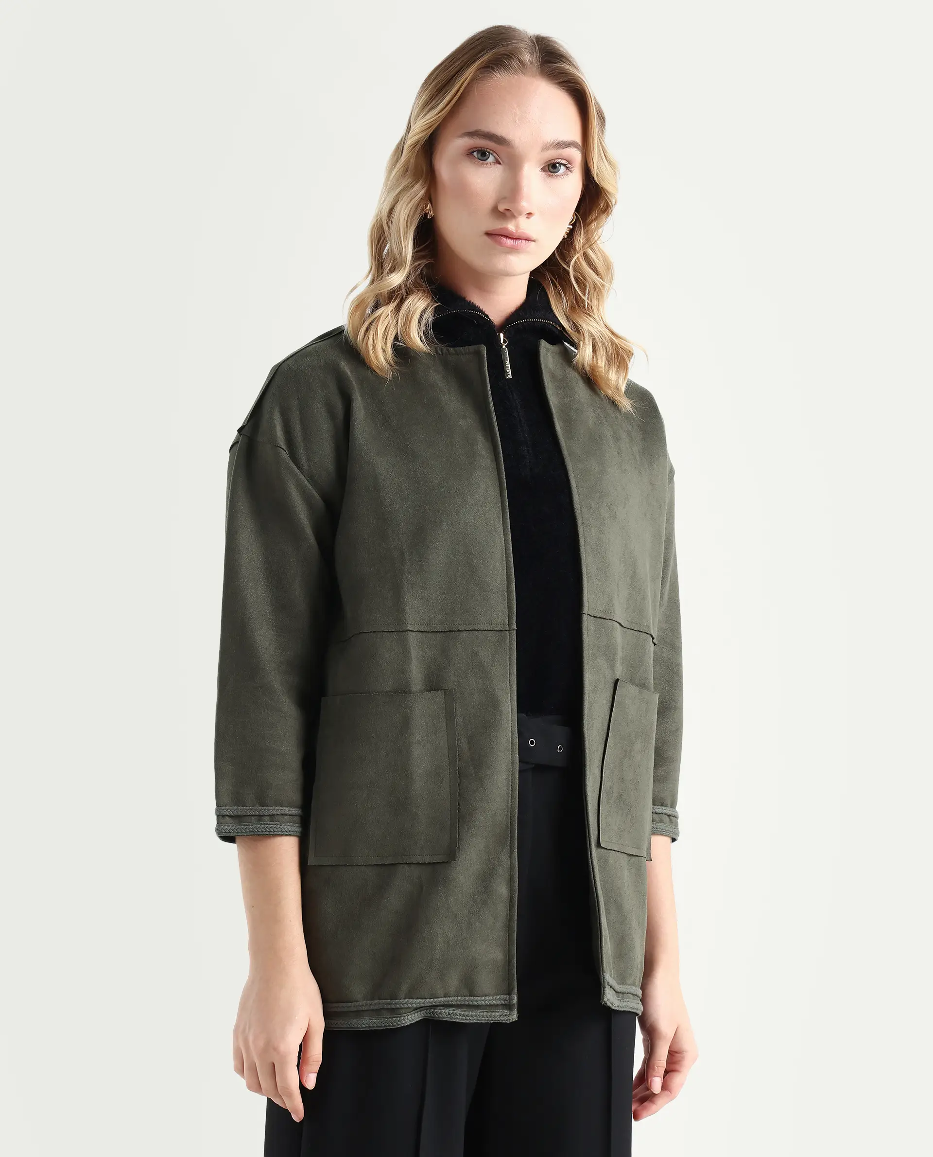 Rareism Women's Square Olive Polyester Boat Neck Plain Regular Fit Jacket - Image 6