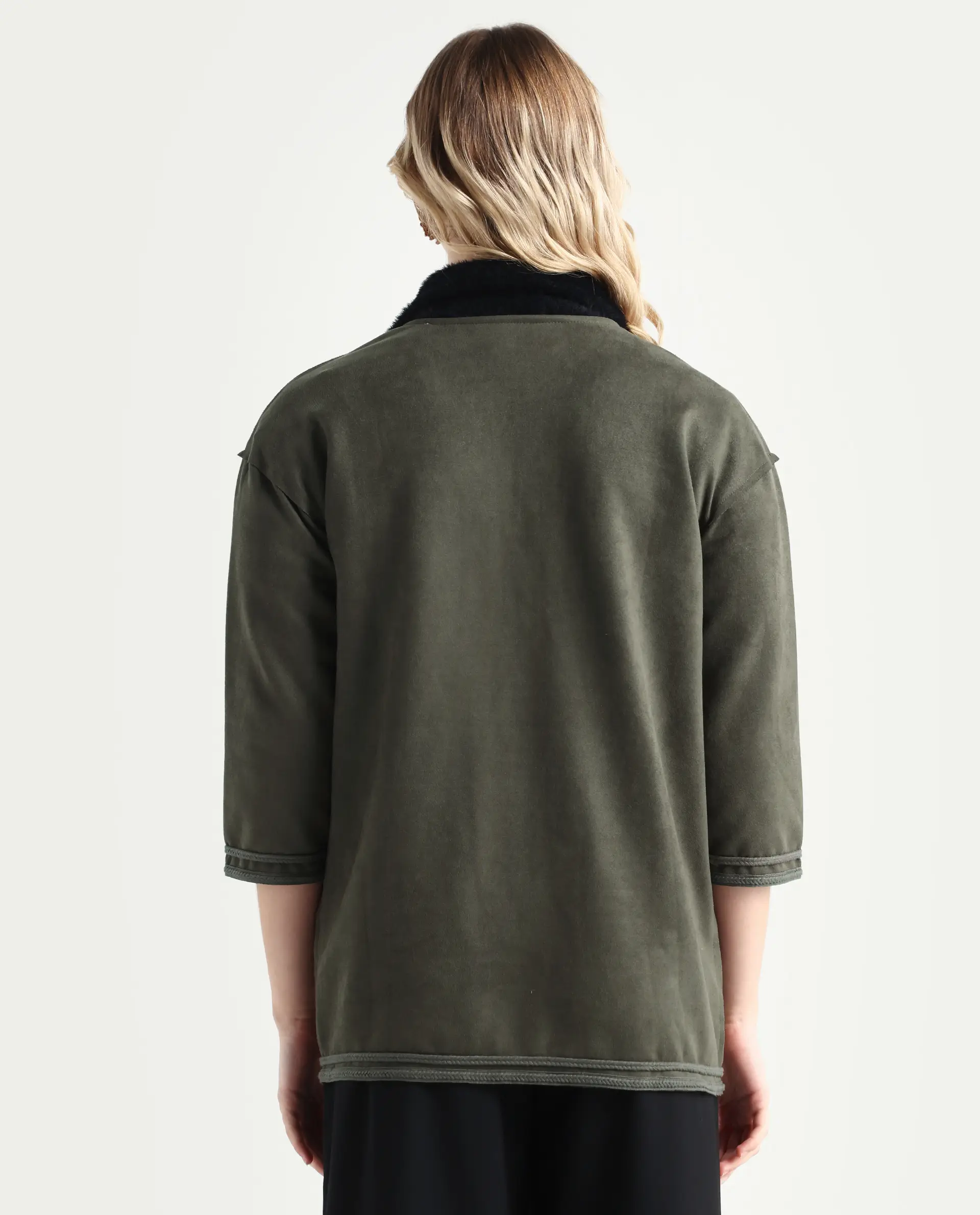 Rareism Women's Square Olive Polyester Boat Neck Plain Regular Fit Jacket - Image 7