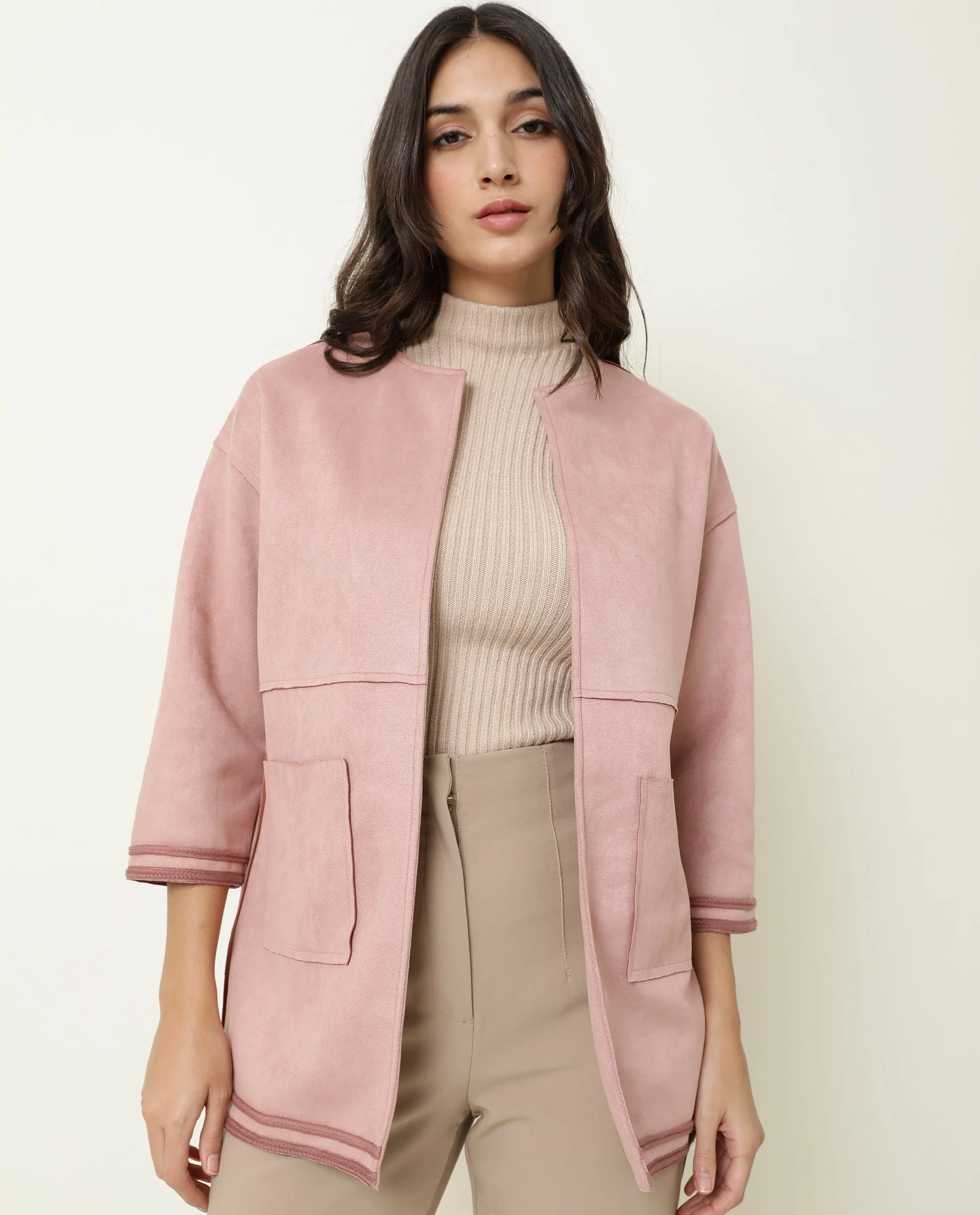 Rareism Women's Square Pink Polyester Boat Neck Plain Regular Fit Jacket - Image 2