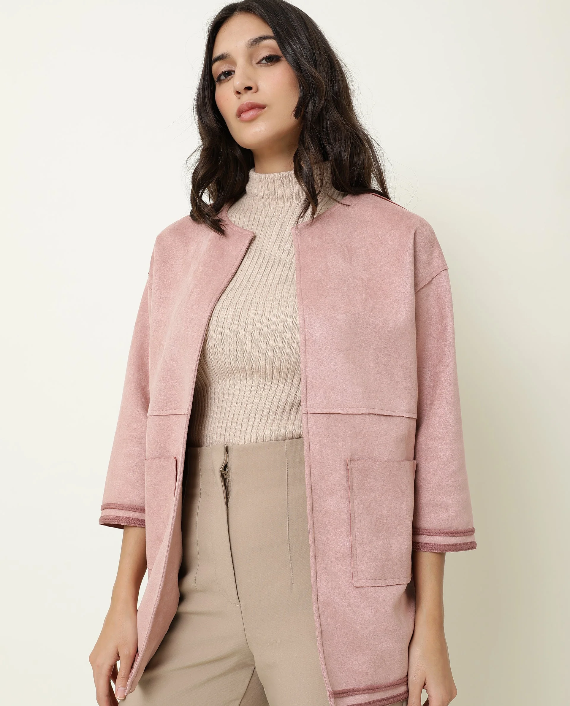 Rareism Women's Square Pink Polyester Boat Neck Plain Regular Fit Jacket - Image 3