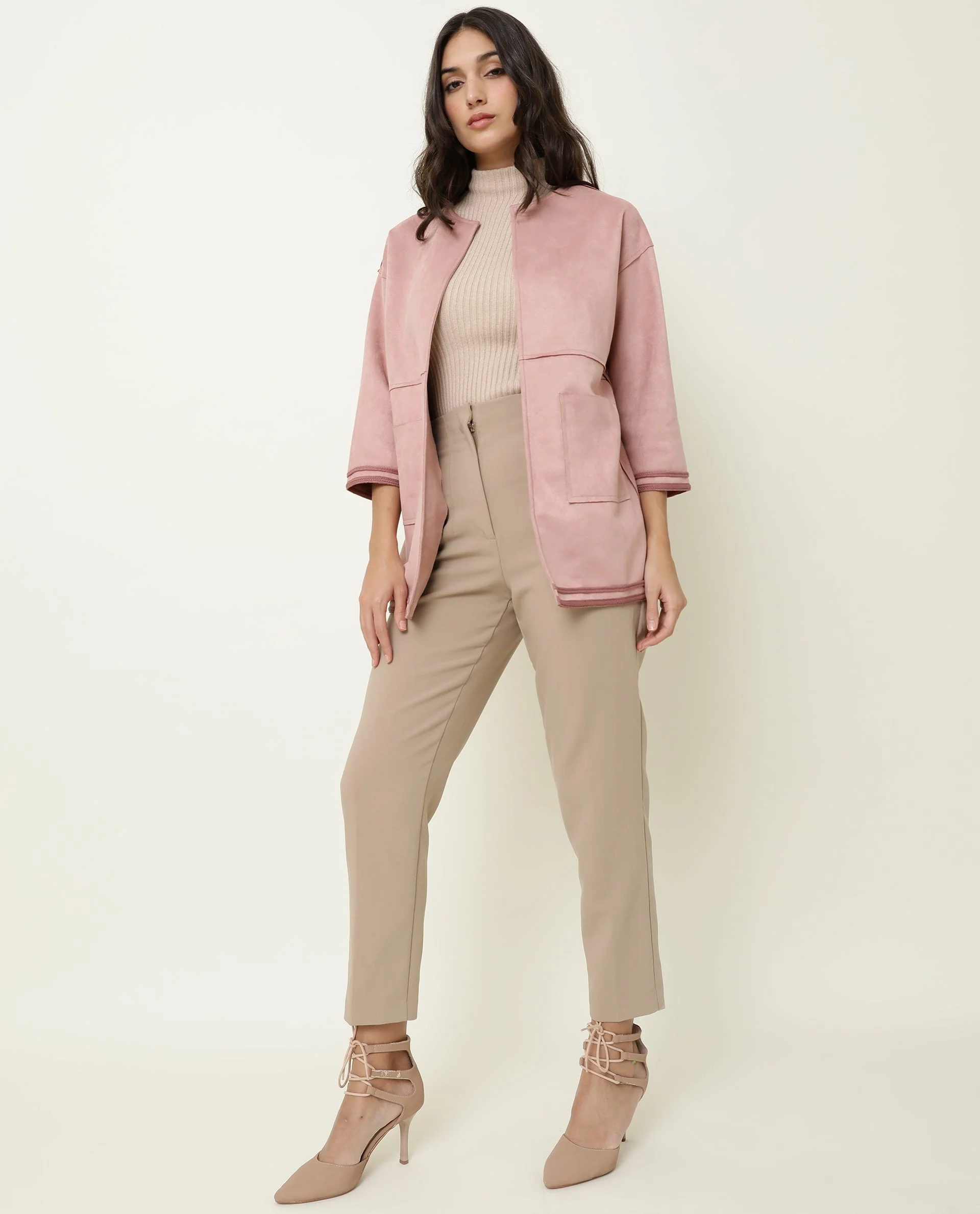 Rareism Women's Square Pink Polyester Boat Neck Plain Regular Fit Jacket - Image 4