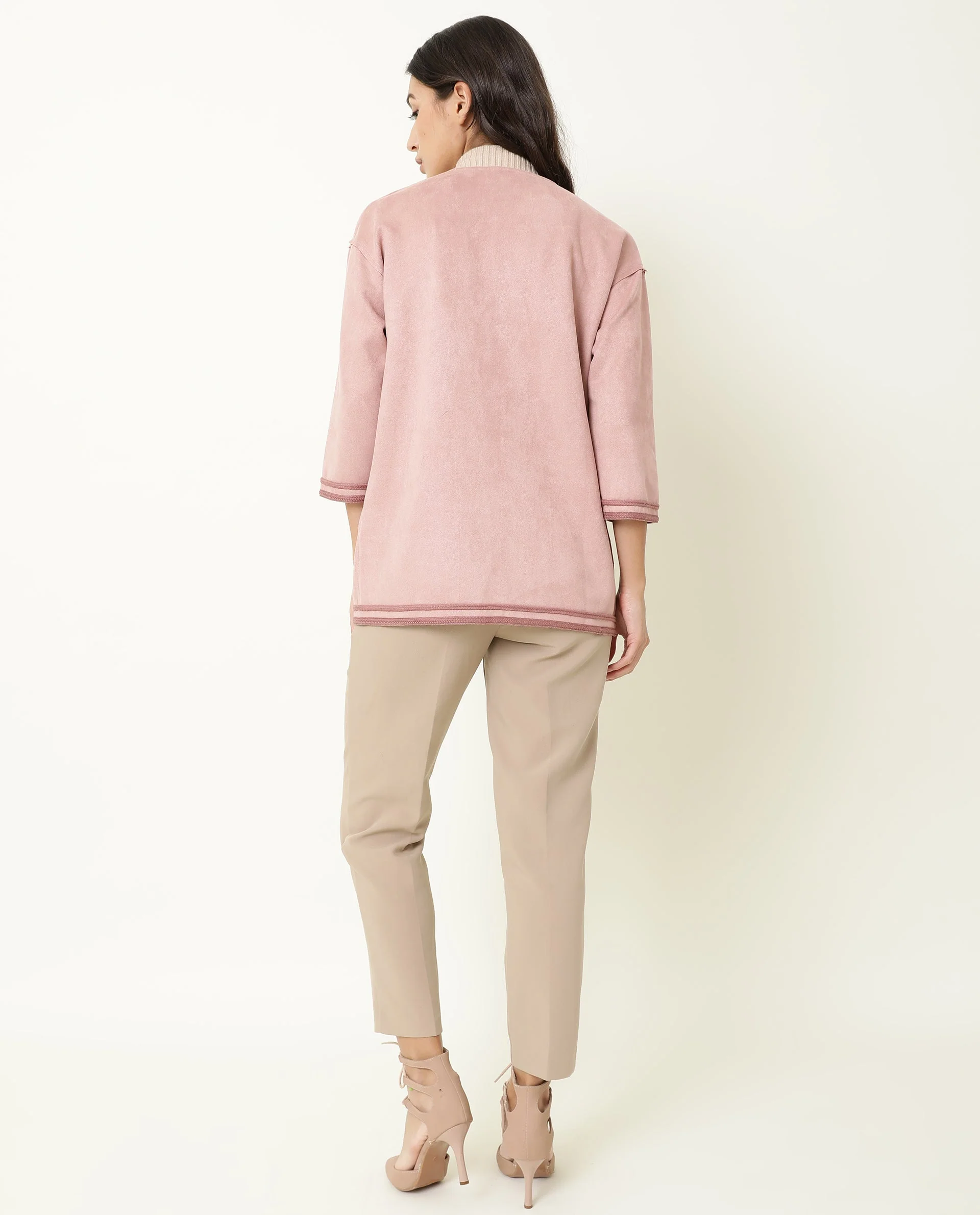 Rareism Women's Square Pink Polyester Boat Neck Plain Regular Fit Jacket - Image 5
