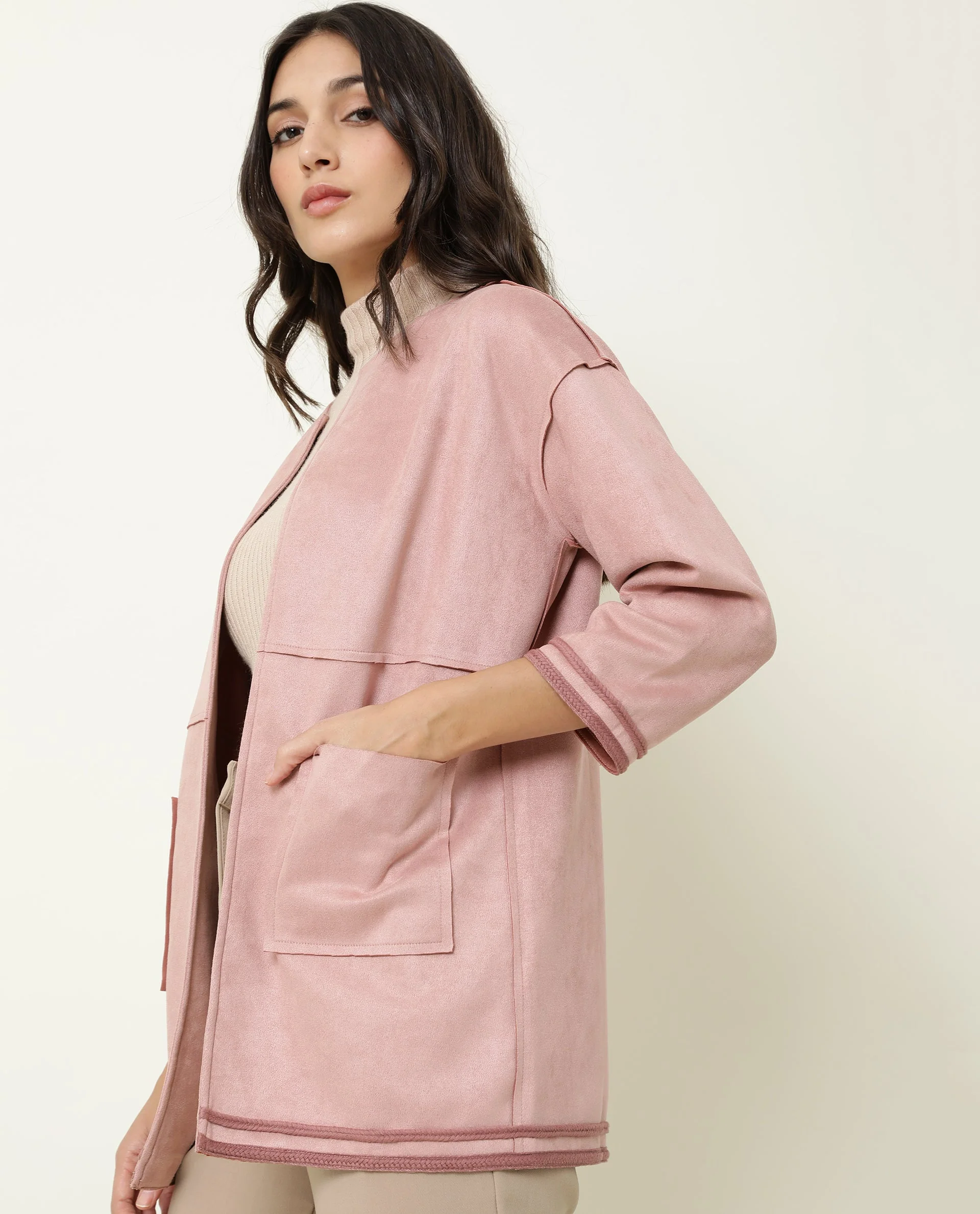 Rareism Women's Square Pink Polyester Boat Neck Plain Regular Fit Jacket - Image 7