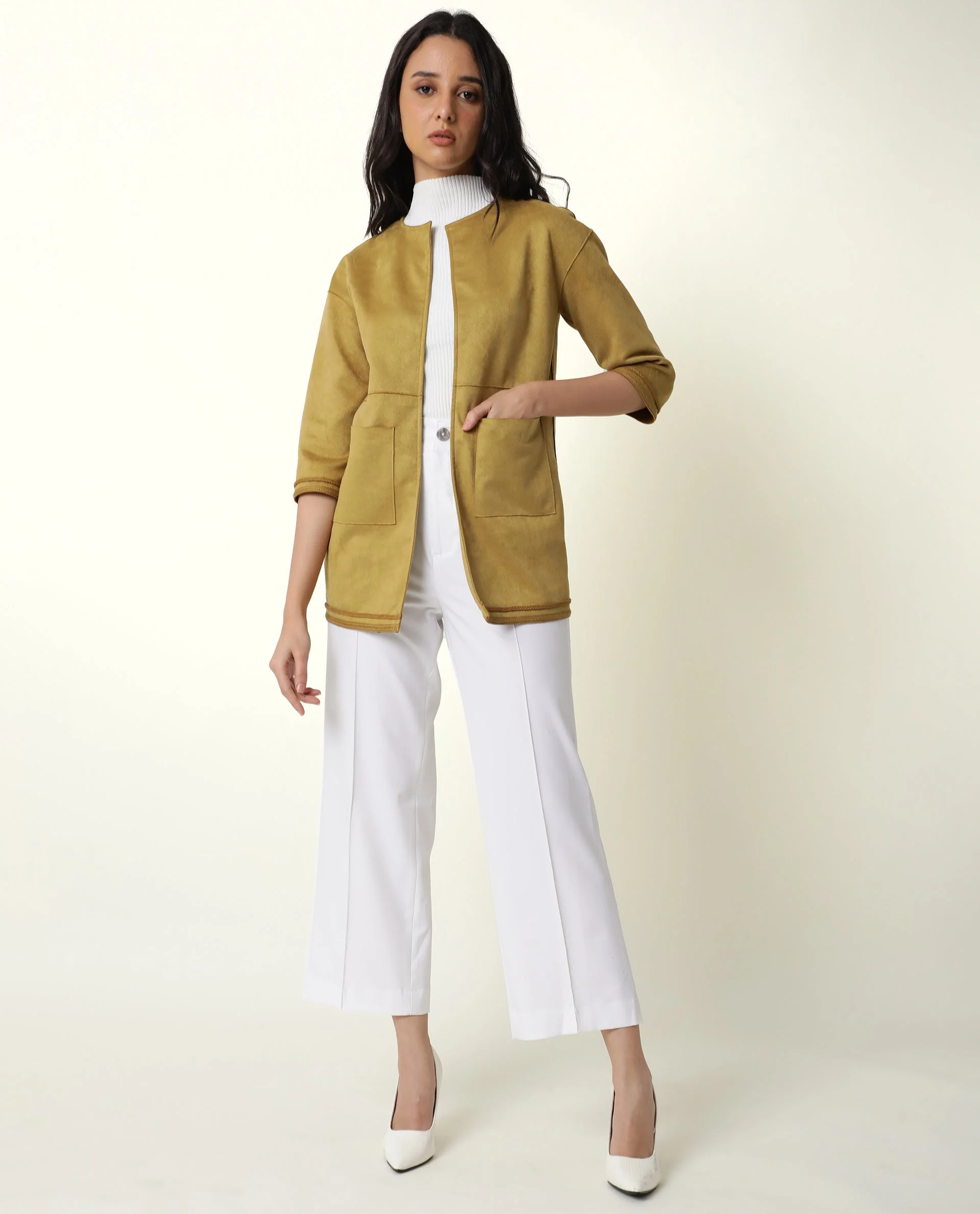 Rareism Women's Square Yellow Polyester Boat Neck Plain Regular Fit Jacket - Image 2