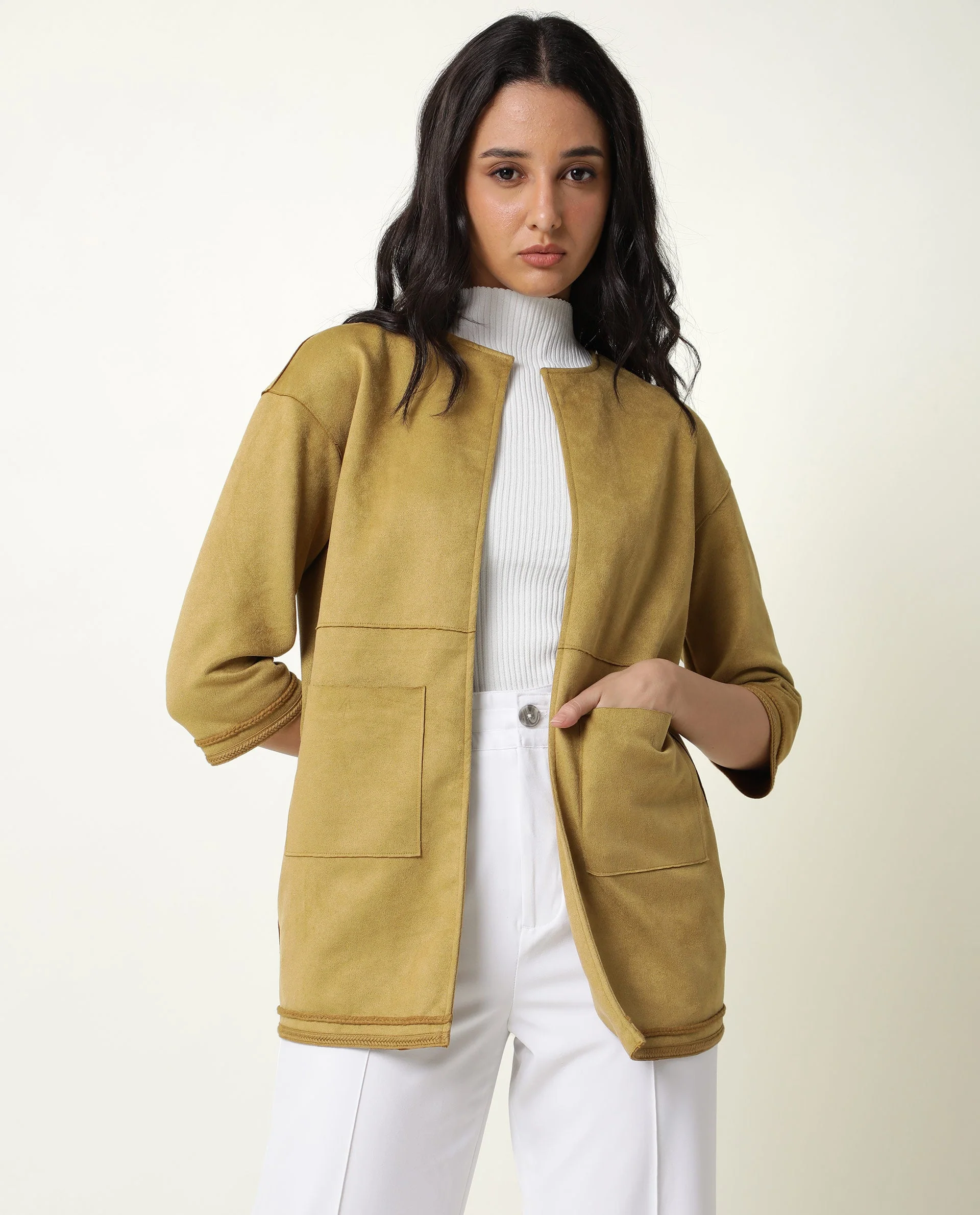 Rareism Women's Square Yellow Polyester Boat Neck Plain Regular Fit Jacket - Image 3