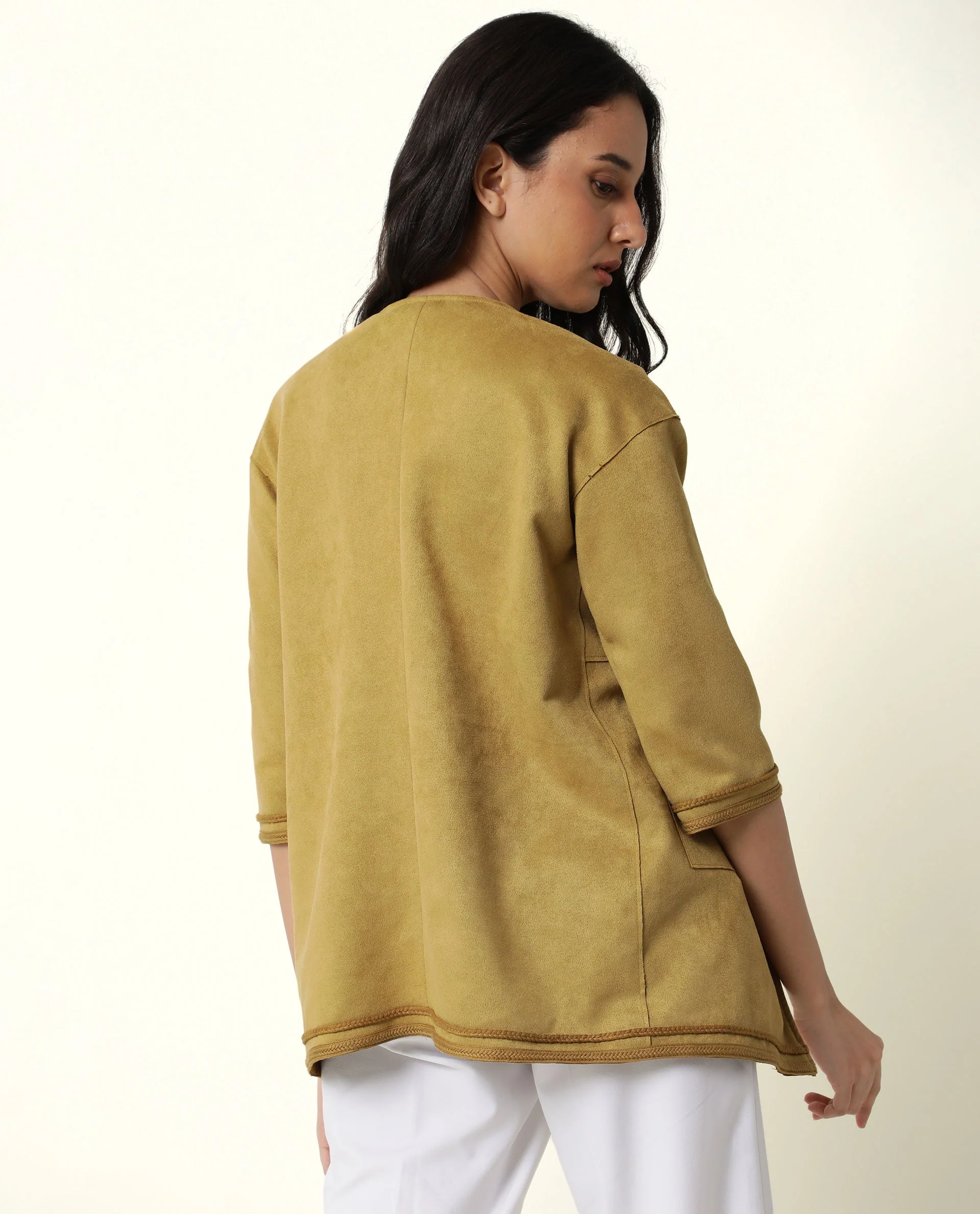 Rareism Women's Square Yellow Polyester Boat Neck Plain Regular Fit Jacket - Image 4